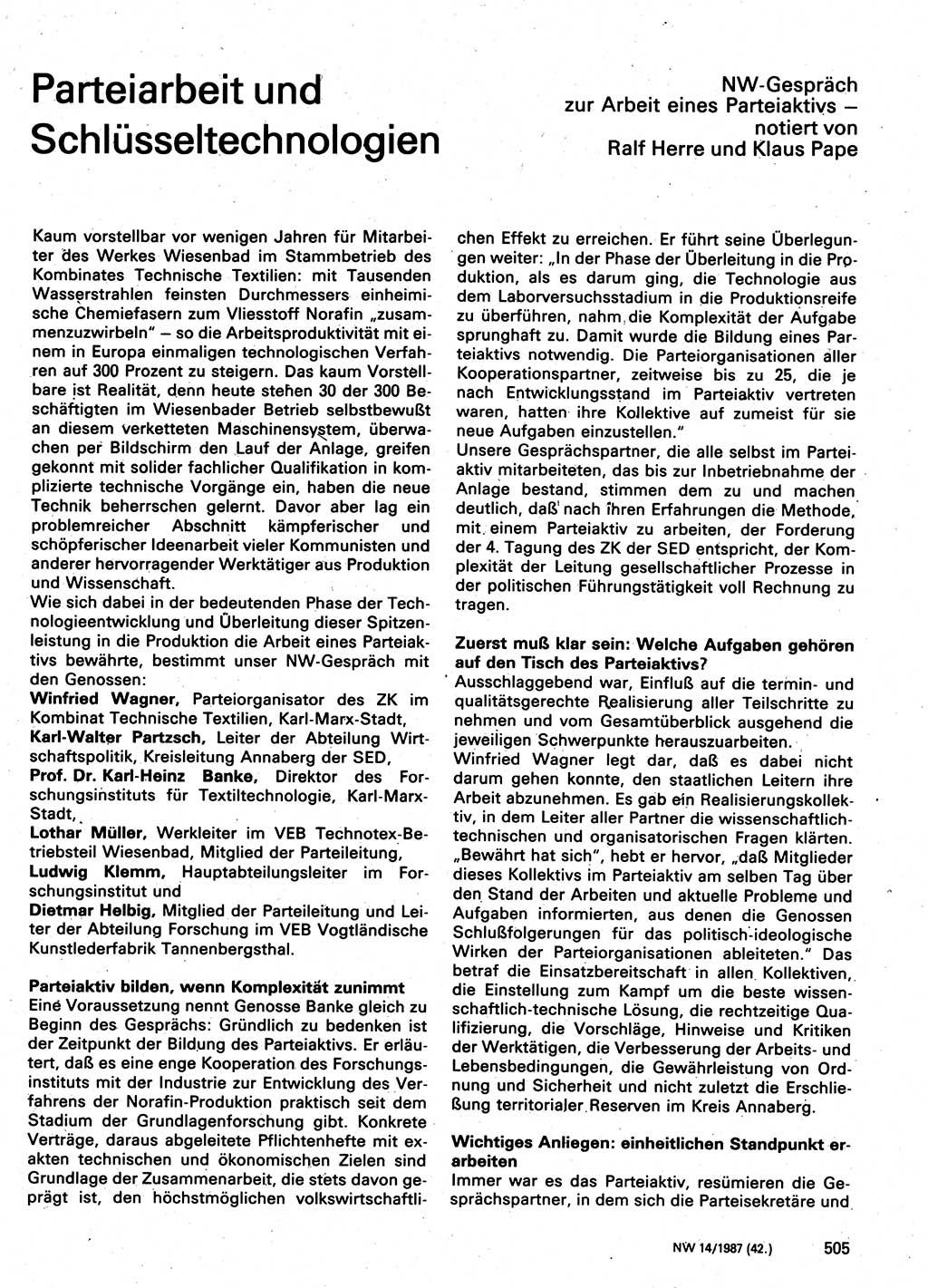 Neuer Weg (NW), Organ des Zentralkomitees (ZK) der SED (Sozialistische Einheitspartei Deutschlands) für Fragen des Parteilebens, 42. Jahrgang [Deutsche Demokratische Republik (DDR)] 1987, Seite 505 (NW ZK SED DDR 1987, S. 505)