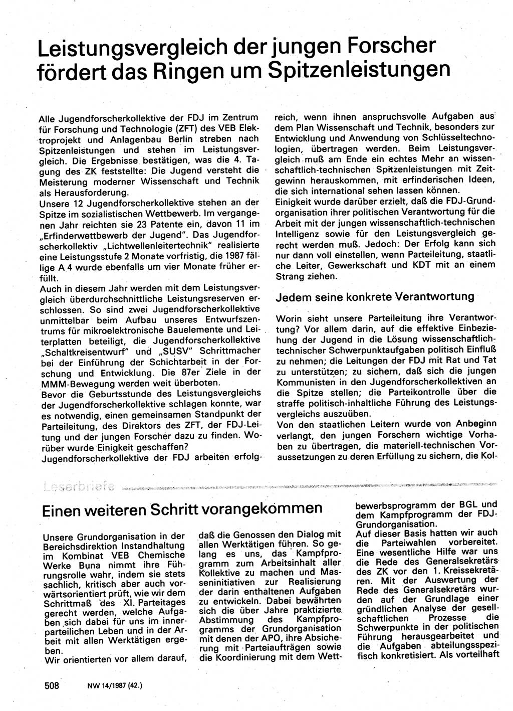 Neuer Weg (NW), Organ des Zentralkomitees (ZK) der SED (Sozialistische Einheitspartei Deutschlands) für Fragen des Parteilebens, 42. Jahrgang [Deutsche Demokratische Republik (DDR)] 1987, Seite 508 (NW ZK SED DDR 1987, S. 508)