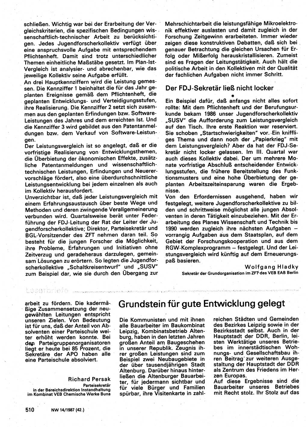 Neuer Weg (NW), Organ des Zentralkomitees (ZK) der SED (Sozialistische Einheitspartei Deutschlands) für Fragen des Parteilebens, 42. Jahrgang [Deutsche Demokratische Republik (DDR)] 1987, Seite 510 (NW ZK SED DDR 1987, S. 510)
