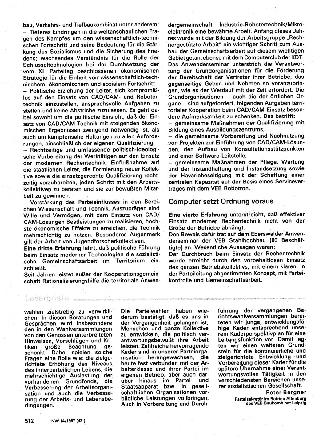 Neuer Weg (NW), Organ des Zentralkomitees (ZK) der SED (Sozialistische Einheitspartei Deutschlands) für Fragen des Parteilebens, 42. Jahrgang [Deutsche Demokratische Republik (DDR)] 1987, Seite 512 (NW ZK SED DDR 1987, S. 512)