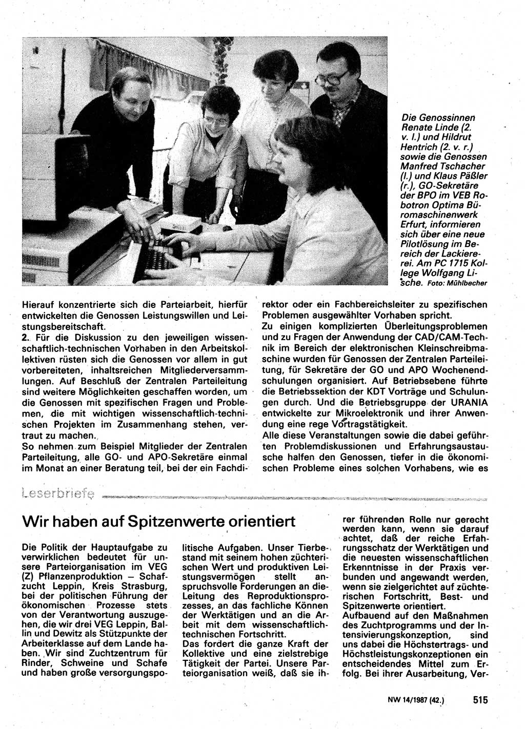 Neuer Weg (NW), Organ des Zentralkomitees (ZK) der SED (Sozialistische Einheitspartei Deutschlands) für Fragen des Parteilebens, 42. Jahrgang [Deutsche Demokratische Republik (DDR)] 1987, Seite 515 (NW ZK SED DDR 1987, S. 515)