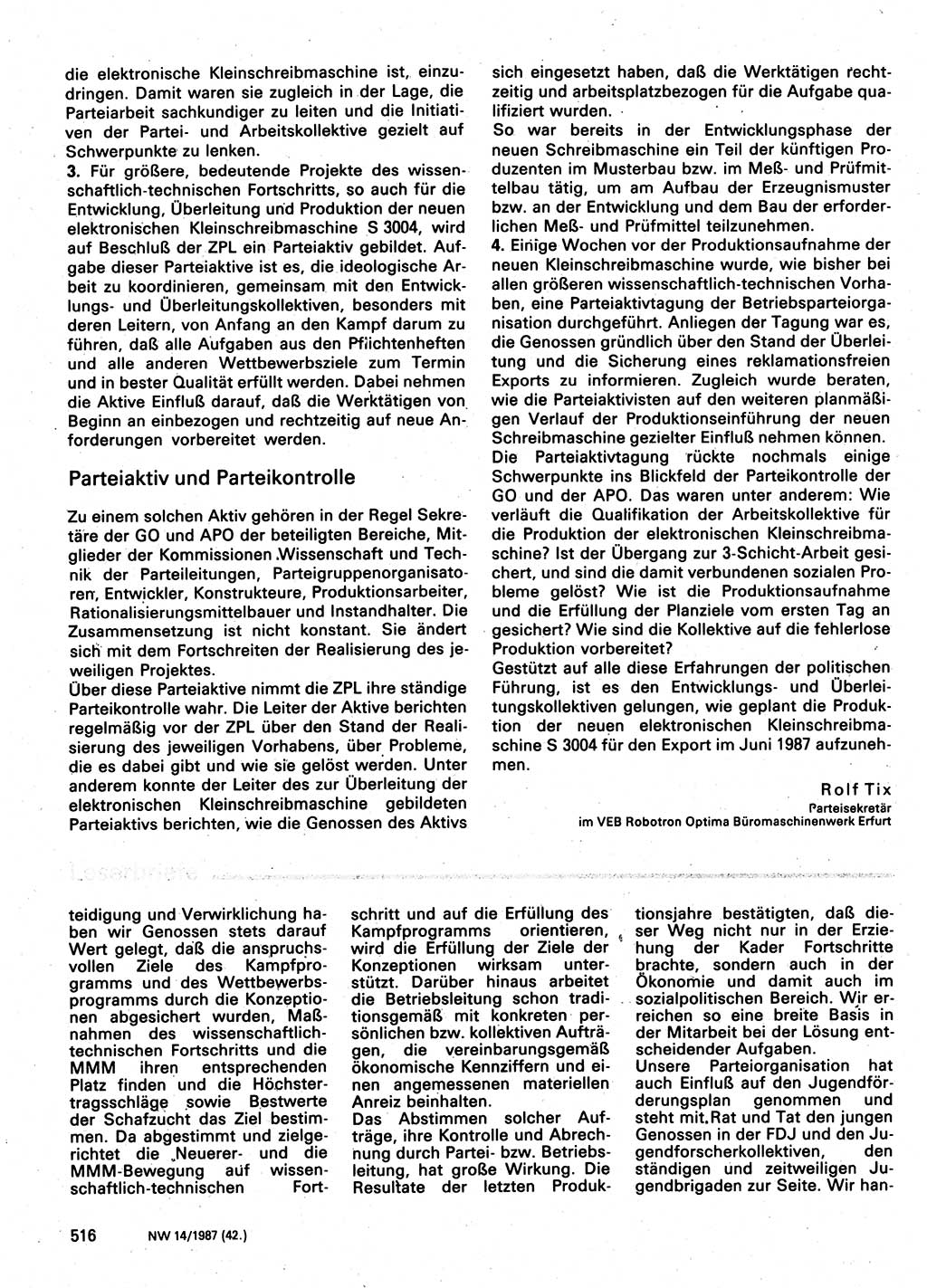 Neuer Weg (NW), Organ des Zentralkomitees (ZK) der SED (Sozialistische Einheitspartei Deutschlands) für Fragen des Parteilebens, 42. Jahrgang [Deutsche Demokratische Republik (DDR)] 1987, Seite 516 (NW ZK SED DDR 1987, S. 516)
