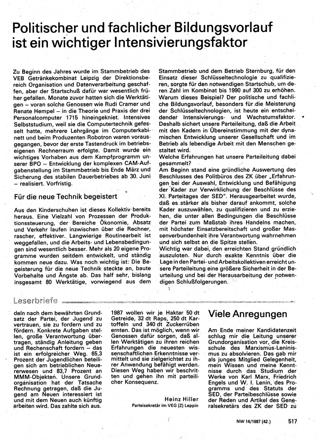Neuer Weg (NW), Organ des Zentralkomitees (ZK) der SED (Sozialistische Einheitspartei Deutschlands) für Fragen des Parteilebens, 42. Jahrgang [Deutsche Demokratische Republik (DDR)] 1987, Seite 517 (NW ZK SED DDR 1987, S. 517)