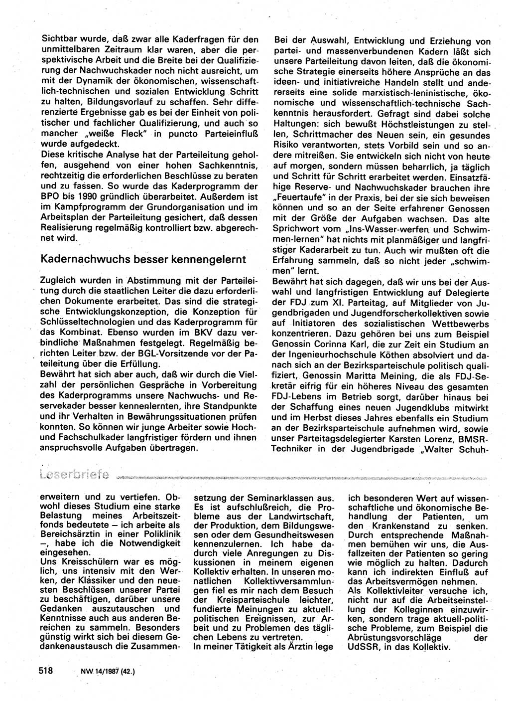 Neuer Weg (NW), Organ des Zentralkomitees (ZK) der SED (Sozialistische Einheitspartei Deutschlands) für Fragen des Parteilebens, 42. Jahrgang [Deutsche Demokratische Republik (DDR)] 1987, Seite 518 (NW ZK SED DDR 1987, S. 518)