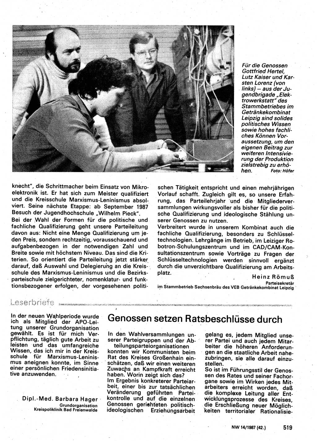 Neuer Weg (NW), Organ des Zentralkomitees (ZK) der SED (Sozialistische Einheitspartei Deutschlands) für Fragen des Parteilebens, 42. Jahrgang [Deutsche Demokratische Republik (DDR)] 1987, Seite 519 (NW ZK SED DDR 1987, S. 519)