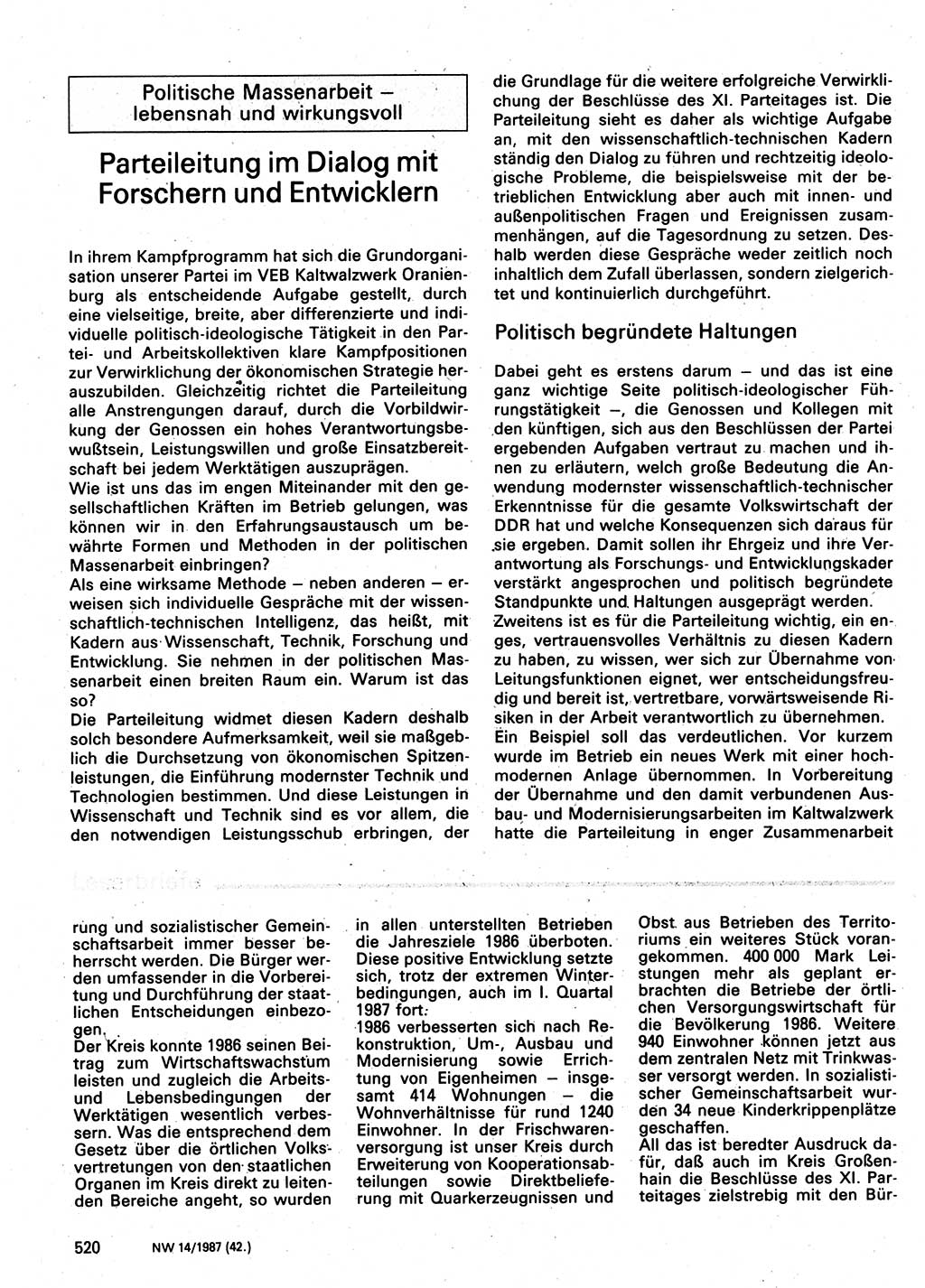 Neuer Weg (NW), Organ des Zentralkomitees (ZK) der SED (Sozialistische Einheitspartei Deutschlands) für Fragen des Parteilebens, 42. Jahrgang [Deutsche Demokratische Republik (DDR)] 1987, Seite 520 (NW ZK SED DDR 1987, S. 520)