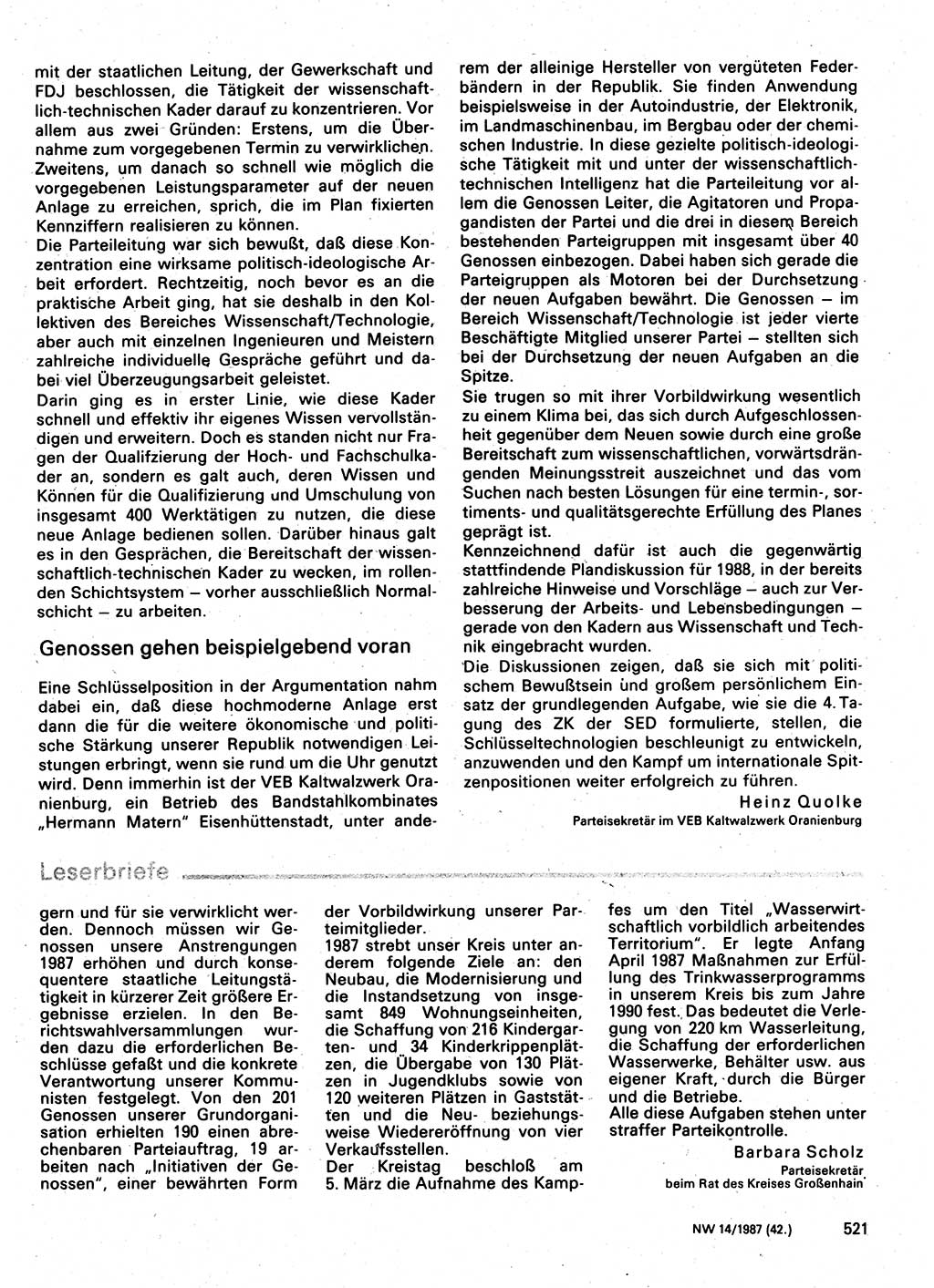 Neuer Weg (NW), Organ des Zentralkomitees (ZK) der SED (Sozialistische Einheitspartei Deutschlands) für Fragen des Parteilebens, 42. Jahrgang [Deutsche Demokratische Republik (DDR)] 1987, Seite 521 (NW ZK SED DDR 1987, S. 521)