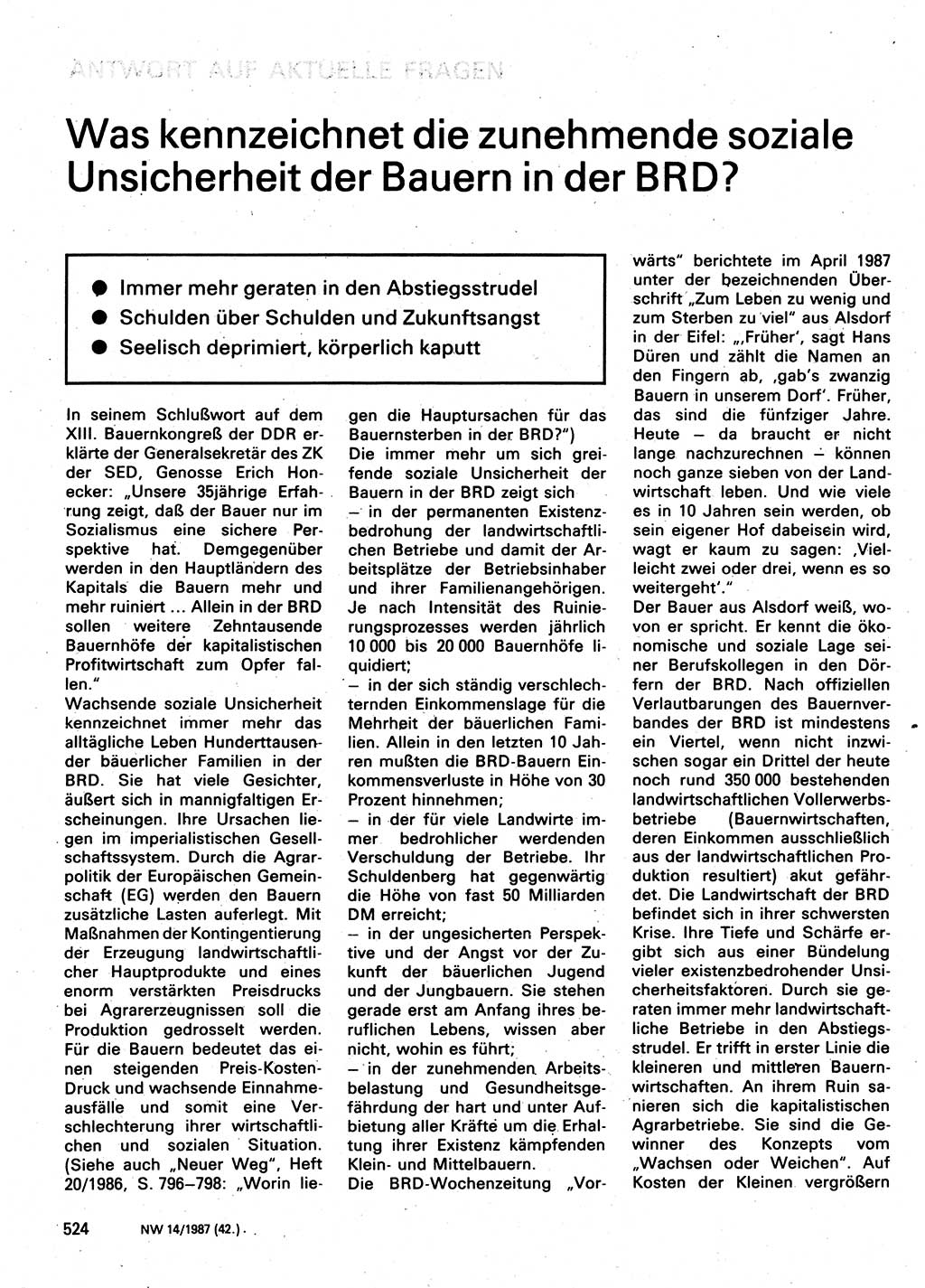 Neuer Weg (NW), Organ des Zentralkomitees (ZK) der SED (Sozialistische Einheitspartei Deutschlands) für Fragen des Parteilebens, 42. Jahrgang [Deutsche Demokratische Republik (DDR)] 1987, Seite 524 (NW ZK SED DDR 1987, S. 524)
