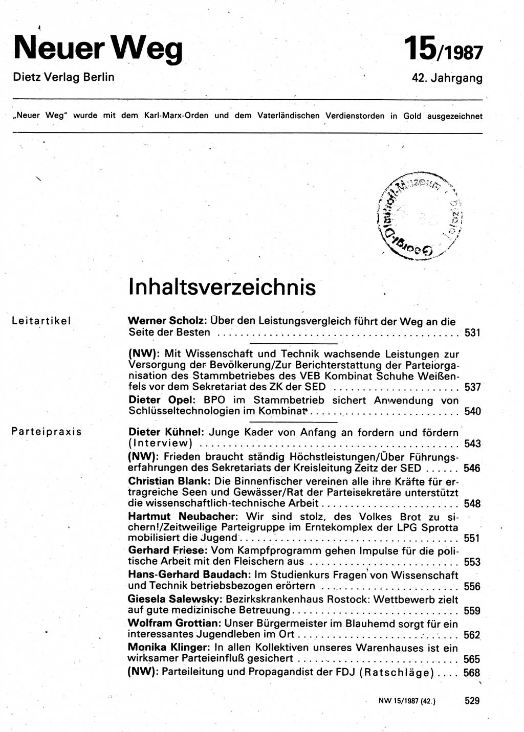 Neuer Weg (NW), Organ des Zentralkomitees (ZK) der SED (Sozialistische Einheitspartei Deutschlands) für Fragen des Parteilebens, 42. Jahrgang [Deutsche Demokratische Republik (DDR)] 1987, Seite 529 (NW ZK SED DDR 1987, S. 529)