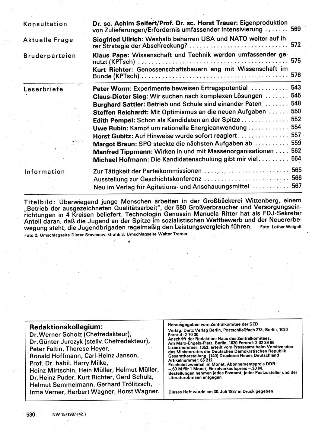 Neuer Weg (NW), Organ des Zentralkomitees (ZK) der SED (Sozialistische Einheitspartei Deutschlands) für Fragen des Parteilebens, 42. Jahrgang [Deutsche Demokratische Republik (DDR)] 1987, Seite 530 (NW ZK SED DDR 1987, S. 530)