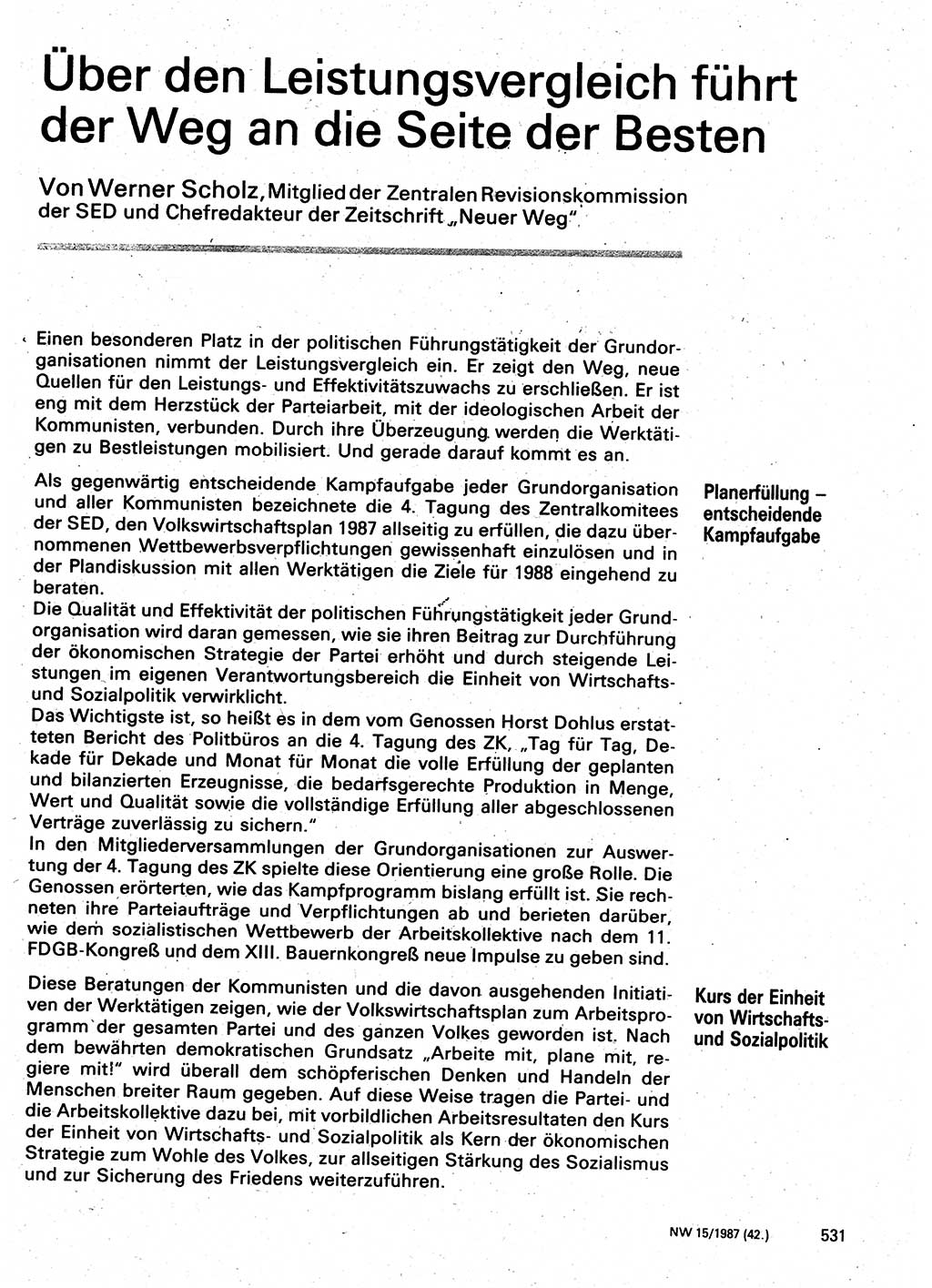 Neuer Weg (NW), Organ des Zentralkomitees (ZK) der SED (Sozialistische Einheitspartei Deutschlands) für Fragen des Parteilebens, 42. Jahrgang [Deutsche Demokratische Republik (DDR)] 1987, Seite 531 (NW ZK SED DDR 1987, S. 531)