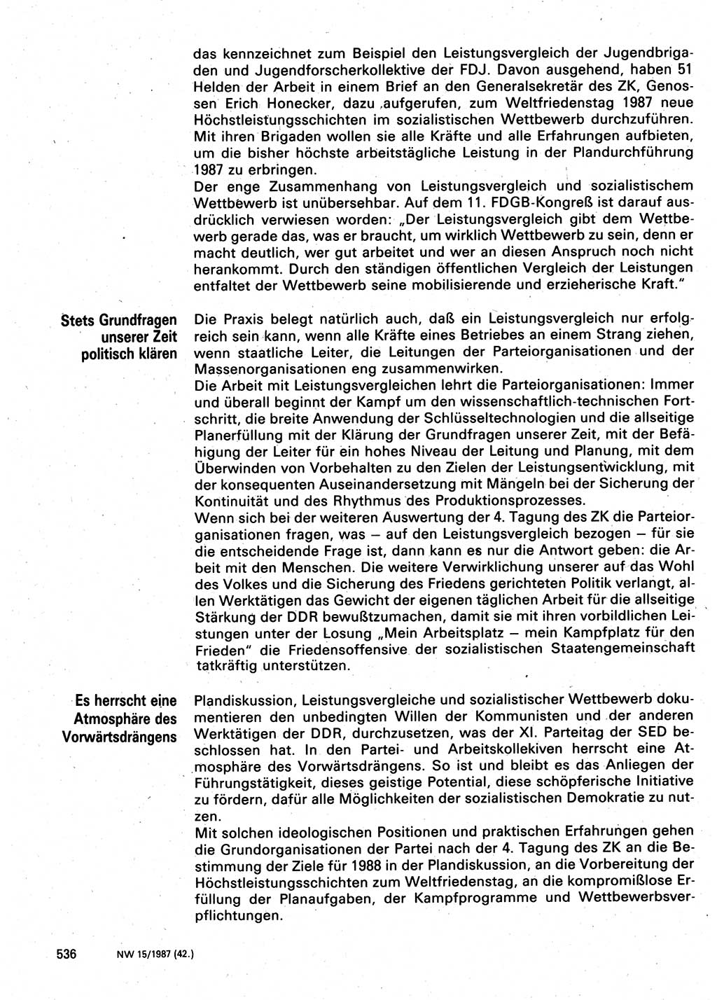 Neuer Weg (NW), Organ des Zentralkomitees (ZK) der SED (Sozialistische Einheitspartei Deutschlands) für Fragen des Parteilebens, 42. Jahrgang [Deutsche Demokratische Republik (DDR)] 1987, Seite 536 (NW ZK SED DDR 1987, S. 536)