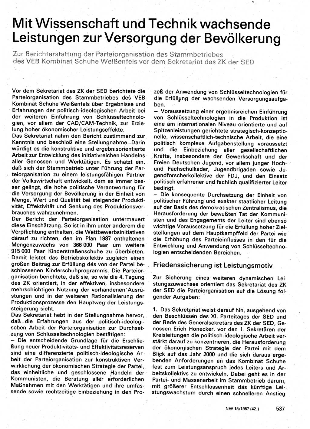 Neuer Weg (NW), Organ des Zentralkomitees (ZK) der SED (Sozialistische Einheitspartei Deutschlands) für Fragen des Parteilebens, 42. Jahrgang [Deutsche Demokratische Republik (DDR)] 1987, Seite 537 (NW ZK SED DDR 1987, S. 537)