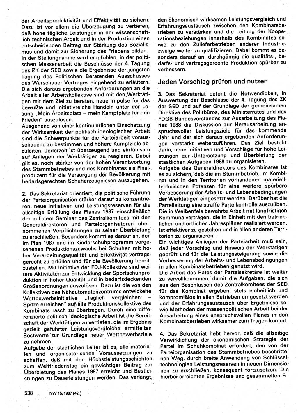 Neuer Weg (NW), Organ des Zentralkomitees (ZK) der SED (Sozialistische Einheitspartei Deutschlands) für Fragen des Parteilebens, 42. Jahrgang [Deutsche Demokratische Republik (DDR)] 1987, Seite 538 (NW ZK SED DDR 1987, S. 538)