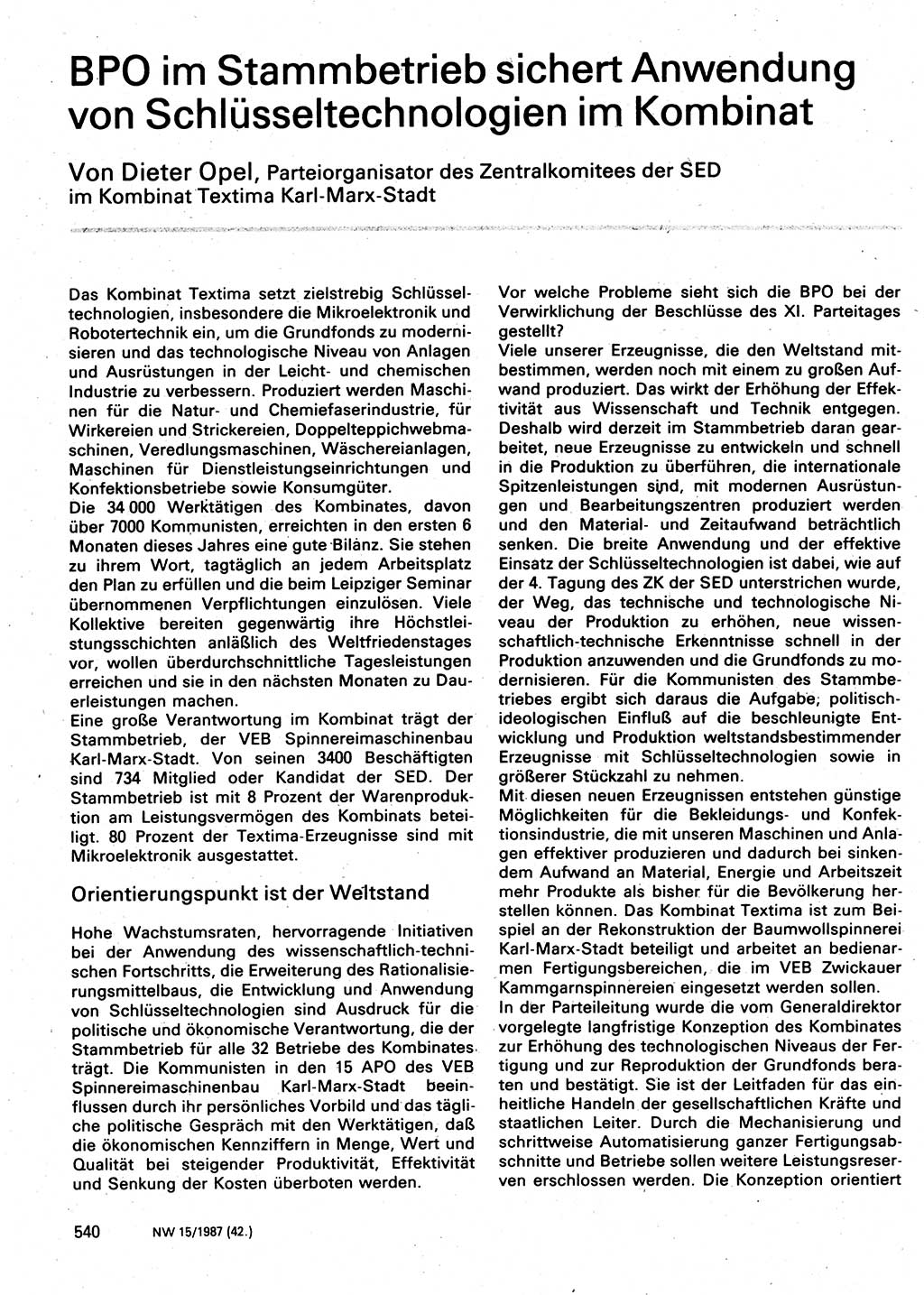 Neuer Weg (NW), Organ des Zentralkomitees (ZK) der SED (Sozialistische Einheitspartei Deutschlands) für Fragen des Parteilebens, 42. Jahrgang [Deutsche Demokratische Republik (DDR)] 1987, Seite 540 (NW ZK SED DDR 1987, S. 540)