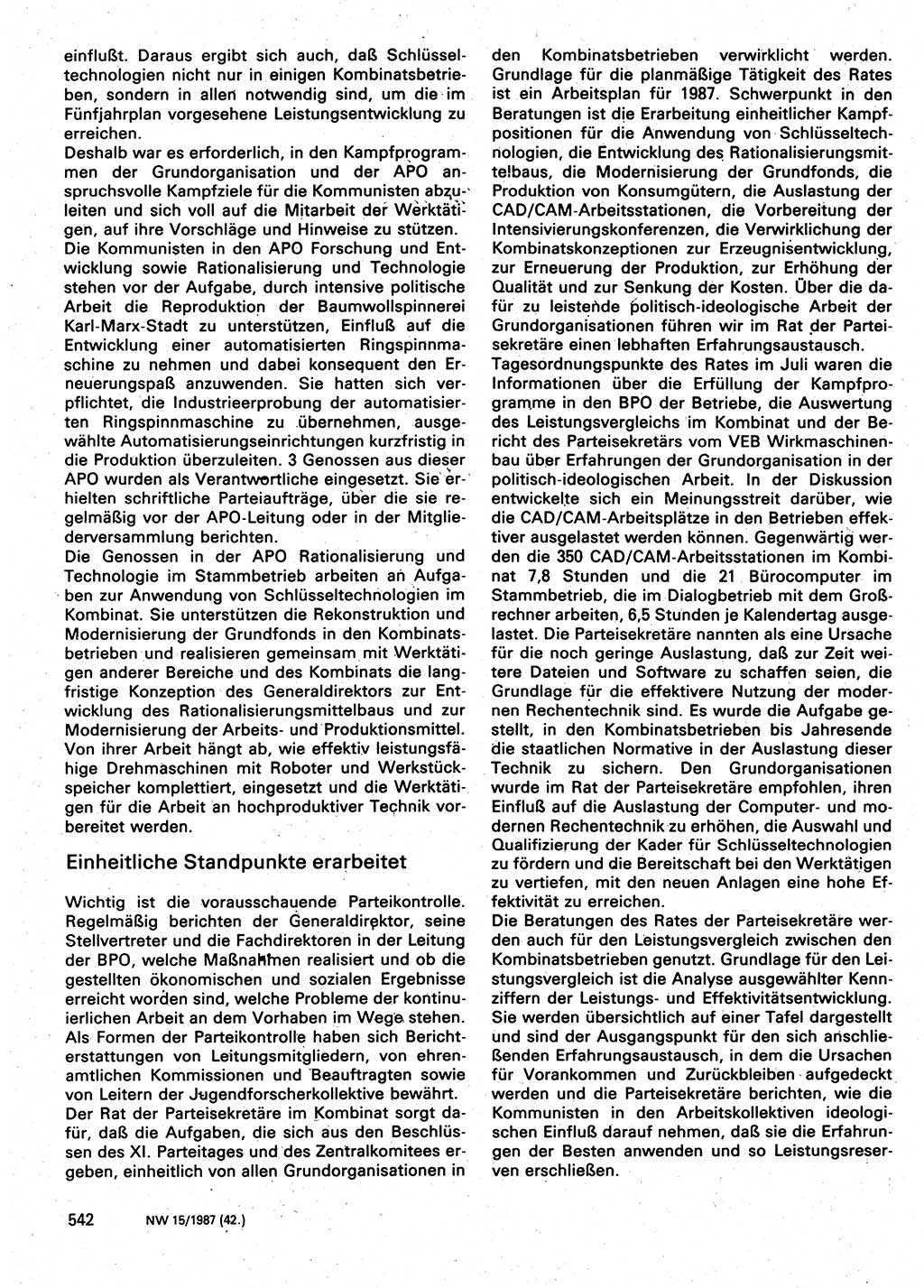 Neuer Weg (NW), Organ des Zentralkomitees (ZK) der SED (Sozialistische Einheitspartei Deutschlands) für Fragen des Parteilebens, 42. Jahrgang [Deutsche Demokratische Republik (DDR)] 1987, Seite 542 (NW ZK SED DDR 1987, S. 542)