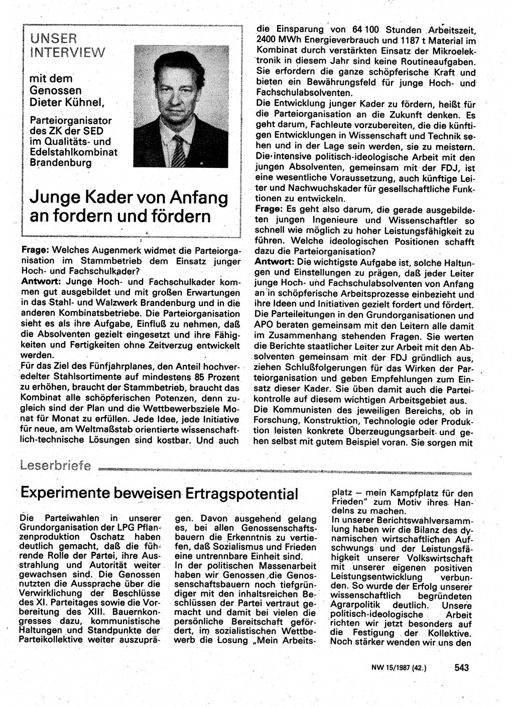 Neuer Weg (NW), Organ des Zentralkomitees (ZK) der SED (Sozialistische Einheitspartei Deutschlands) für Fragen des Parteilebens, 42. Jahrgang [Deutsche Demokratische Republik (DDR)] 1987, Seite 543 (NW ZK SED DDR 1987, S. 543)