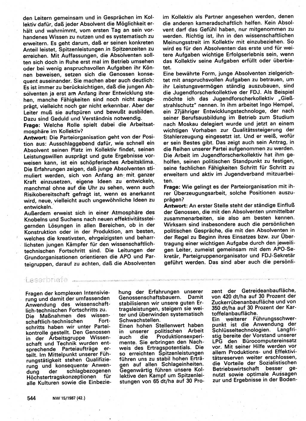 Neuer Weg (NW), Organ des Zentralkomitees (ZK) der SED (Sozialistische Einheitspartei Deutschlands) für Fragen des Parteilebens, 42. Jahrgang [Deutsche Demokratische Republik (DDR)] 1987, Seite 544 (NW ZK SED DDR 1987, S. 544)