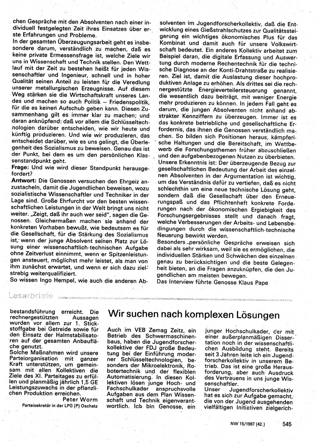 Neuer Weg (NW), Organ des Zentralkomitees (ZK) der SED (Sozialistische Einheitspartei Deutschlands) für Fragen des Parteilebens, 42. Jahrgang [Deutsche Demokratische Republik (DDR)] 1987, Seite 545 (NW ZK SED DDR 1987, S. 545)