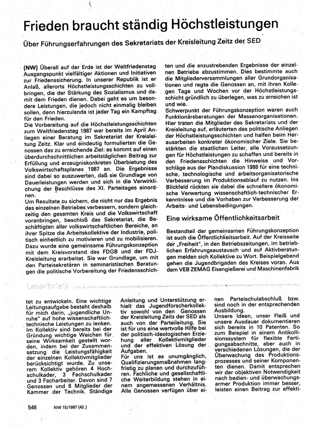 Neuer Weg (NW), Organ des Zentralkomitees (ZK) der SED (Sozialistische Einheitspartei Deutschlands) für Fragen des Parteilebens, 42. Jahrgang [Deutsche Demokratische Republik (DDR)] 1987, Seite 546 (NW ZK SED DDR 1987, S. 546)