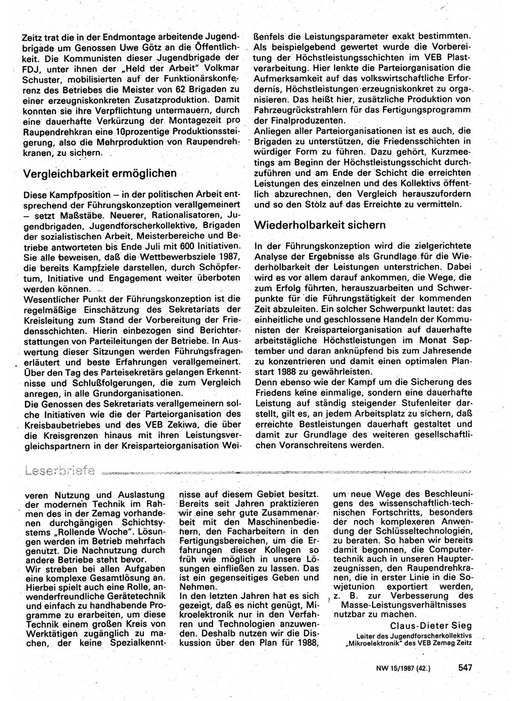 Neuer Weg (NW), Organ des Zentralkomitees (ZK) der SED (Sozialistische Einheitspartei Deutschlands) für Fragen des Parteilebens, 42. Jahrgang [Deutsche Demokratische Republik (DDR)] 1987, Seite 547 (NW ZK SED DDR 1987, S. 547)