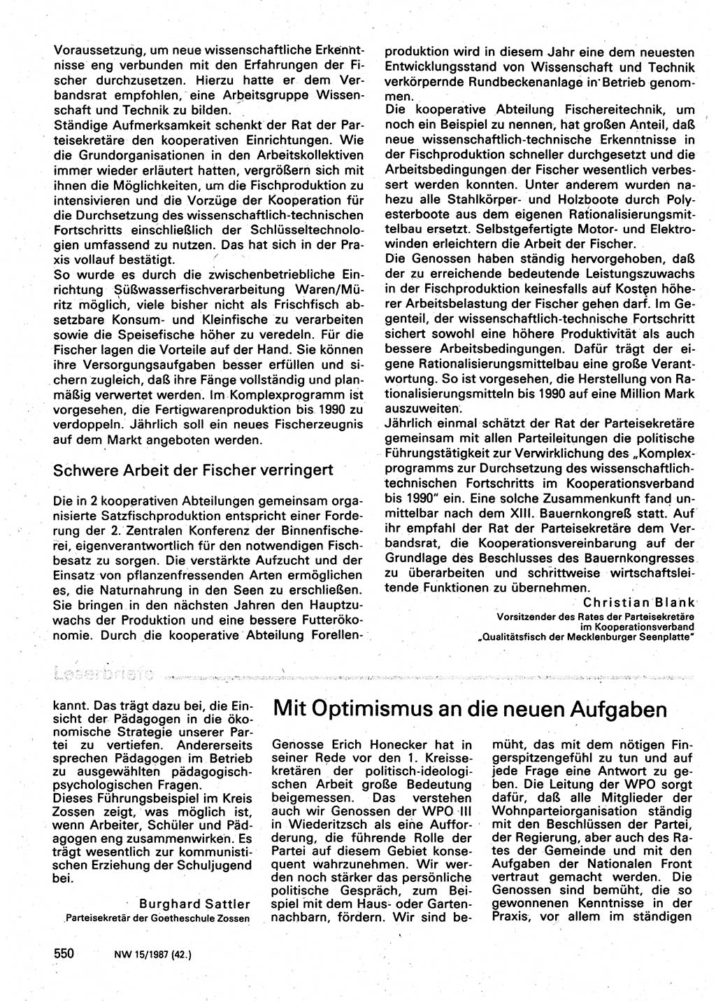 Neuer Weg (NW), Organ des Zentralkomitees (ZK) der SED (Sozialistische Einheitspartei Deutschlands) für Fragen des Parteilebens, 42. Jahrgang [Deutsche Demokratische Republik (DDR)] 1987, Seite 550 (NW ZK SED DDR 1987, S. 550)