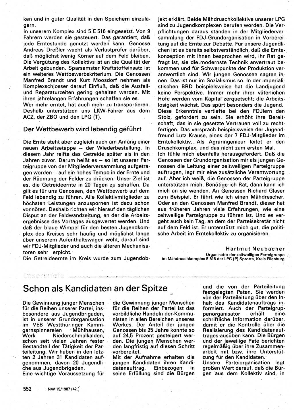 Neuer Weg (NW), Organ des Zentralkomitees (ZK) der SED (Sozialistische Einheitspartei Deutschlands) für Fragen des Parteilebens, 42. Jahrgang [Deutsche Demokratische Republik (DDR)] 1987, Seite 552 (NW ZK SED DDR 1987, S. 552)