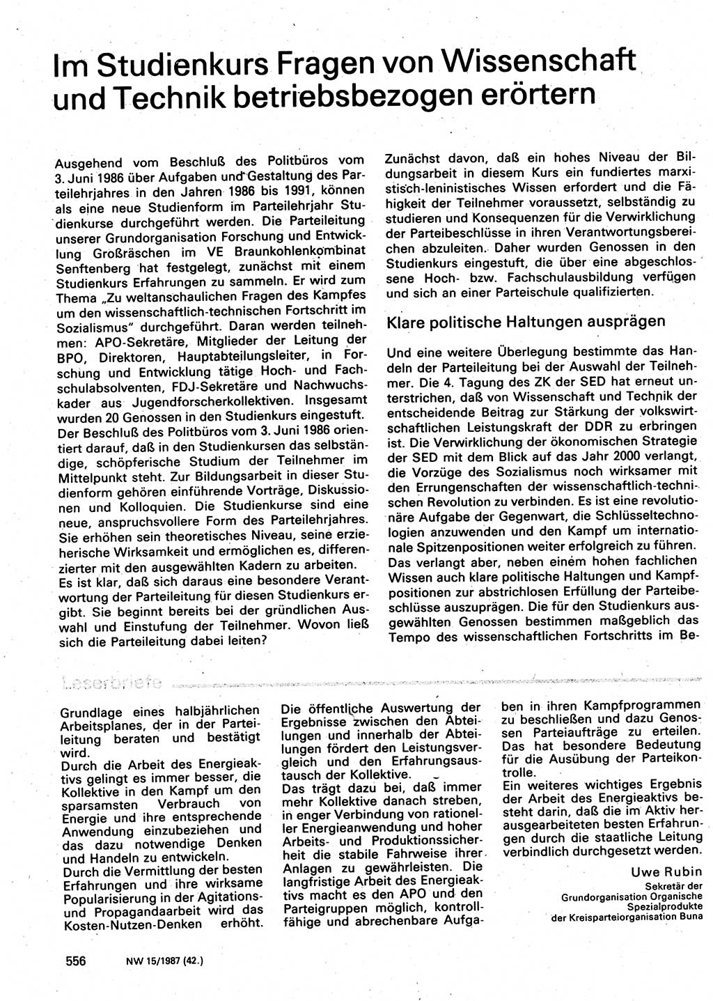 Neuer Weg (NW), Organ des Zentralkomitees (ZK) der SED (Sozialistische Einheitspartei Deutschlands) für Fragen des Parteilebens, 42. Jahrgang [Deutsche Demokratische Republik (DDR)] 1987, Seite 556 (NW ZK SED DDR 1987, S. 556)