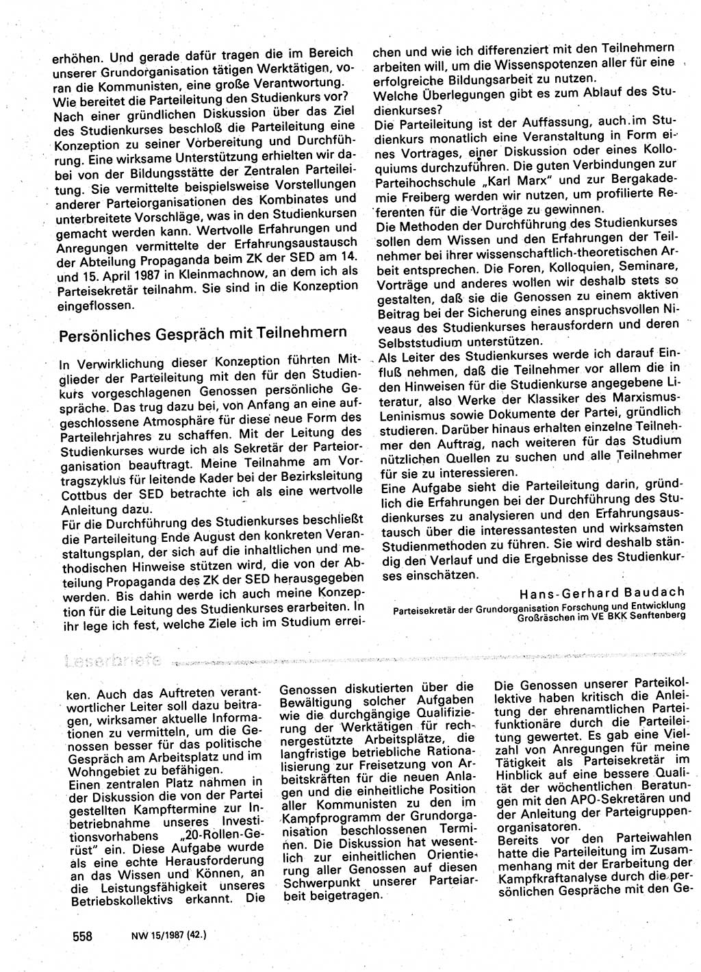 Neuer Weg (NW), Organ des Zentralkomitees (ZK) der SED (Sozialistische Einheitspartei Deutschlands) für Fragen des Parteilebens, 42. Jahrgang [Deutsche Demokratische Republik (DDR)] 1987, Seite 558 (NW ZK SED DDR 1987, S. 558)