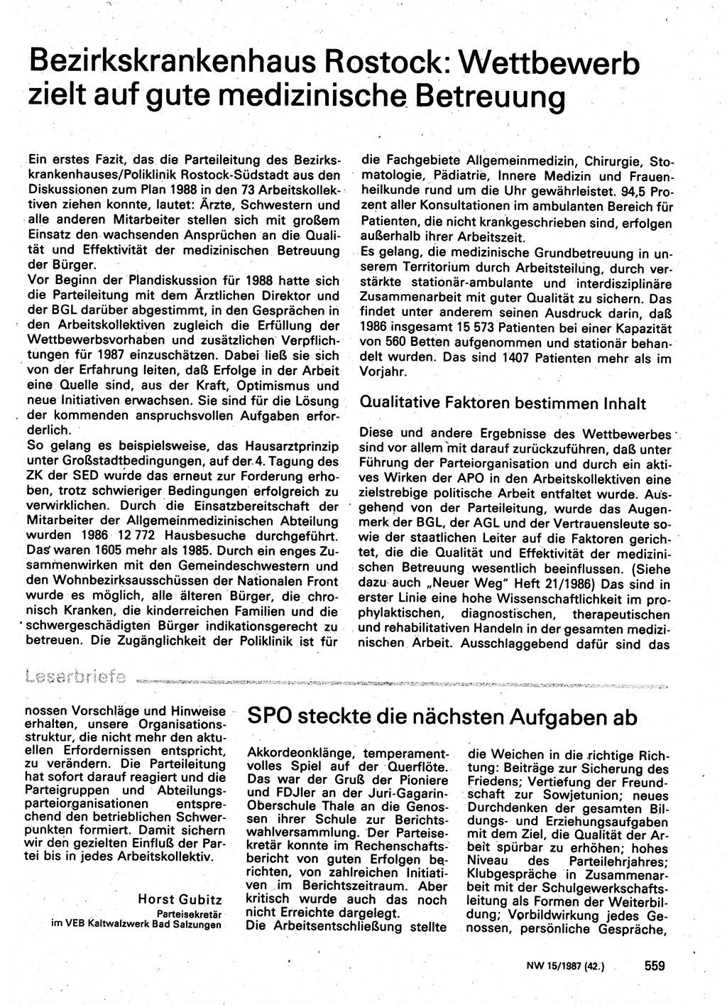 Neuer Weg (NW), Organ des Zentralkomitees (ZK) der SED (Sozialistische Einheitspartei Deutschlands) für Fragen des Parteilebens, 42. Jahrgang [Deutsche Demokratische Republik (DDR)] 1987, Seite 559 (NW ZK SED DDR 1987, S. 559)