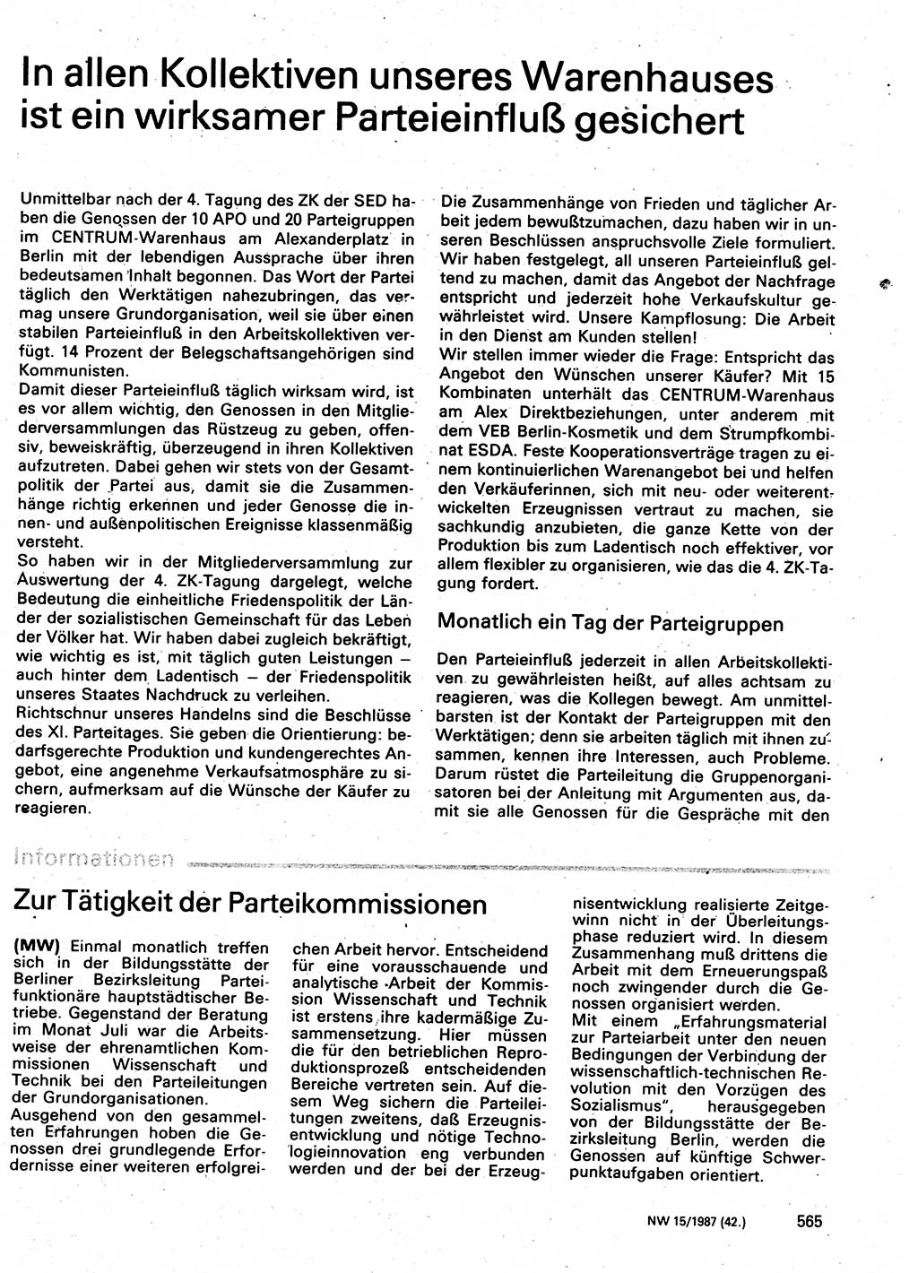 Neuer Weg (NW), Organ des Zentralkomitees (ZK) der SED (Sozialistische Einheitspartei Deutschlands) für Fragen des Parteilebens, 42. Jahrgang [Deutsche Demokratische Republik (DDR)] 1987, Seite 565 (NW ZK SED DDR 1987, S. 565)