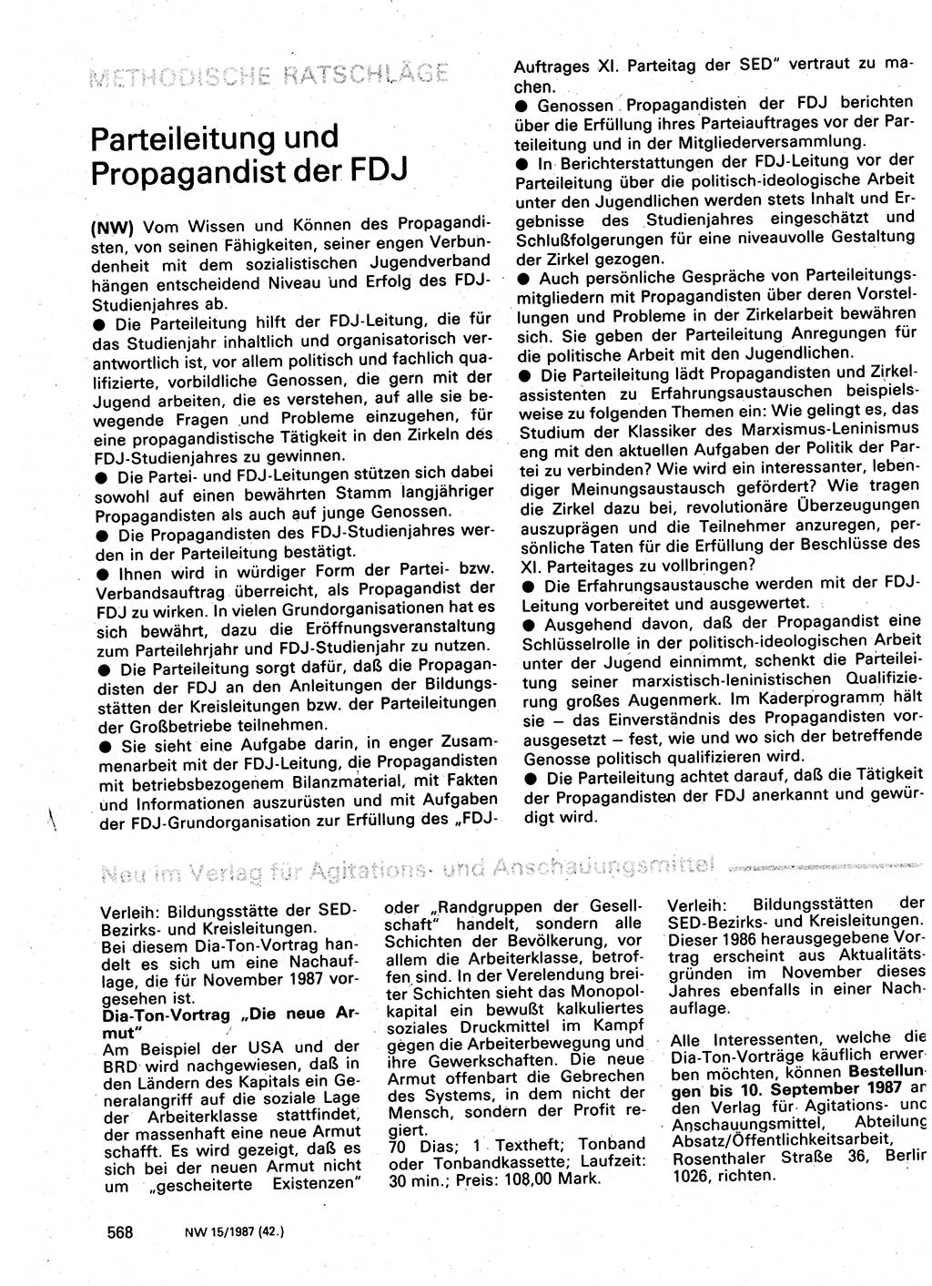 Neuer Weg (NW), Organ des Zentralkomitees (ZK) der SED (Sozialistische Einheitspartei Deutschlands) für Fragen des Parteilebens, 42. Jahrgang [Deutsche Demokratische Republik (DDR)] 1987, Seite 568 (NW ZK SED DDR 1987, S. 568)
