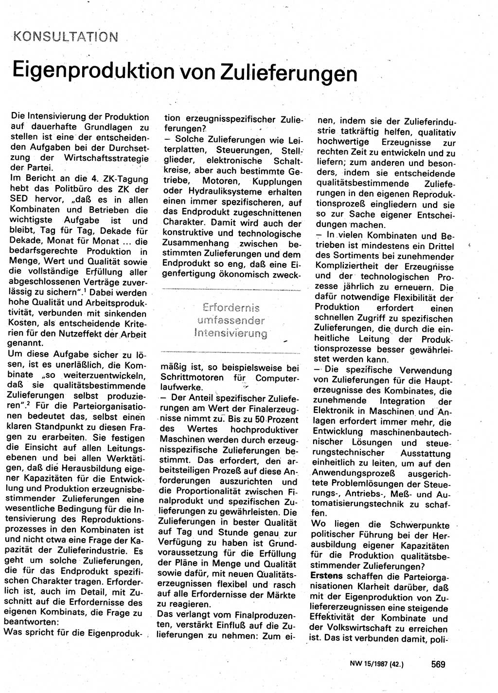 Neuer Weg (NW), Organ des Zentralkomitees (ZK) der SED (Sozialistische Einheitspartei Deutschlands) für Fragen des Parteilebens, 42. Jahrgang [Deutsche Demokratische Republik (DDR)] 1987, Seite 569 (NW ZK SED DDR 1987, S. 569)