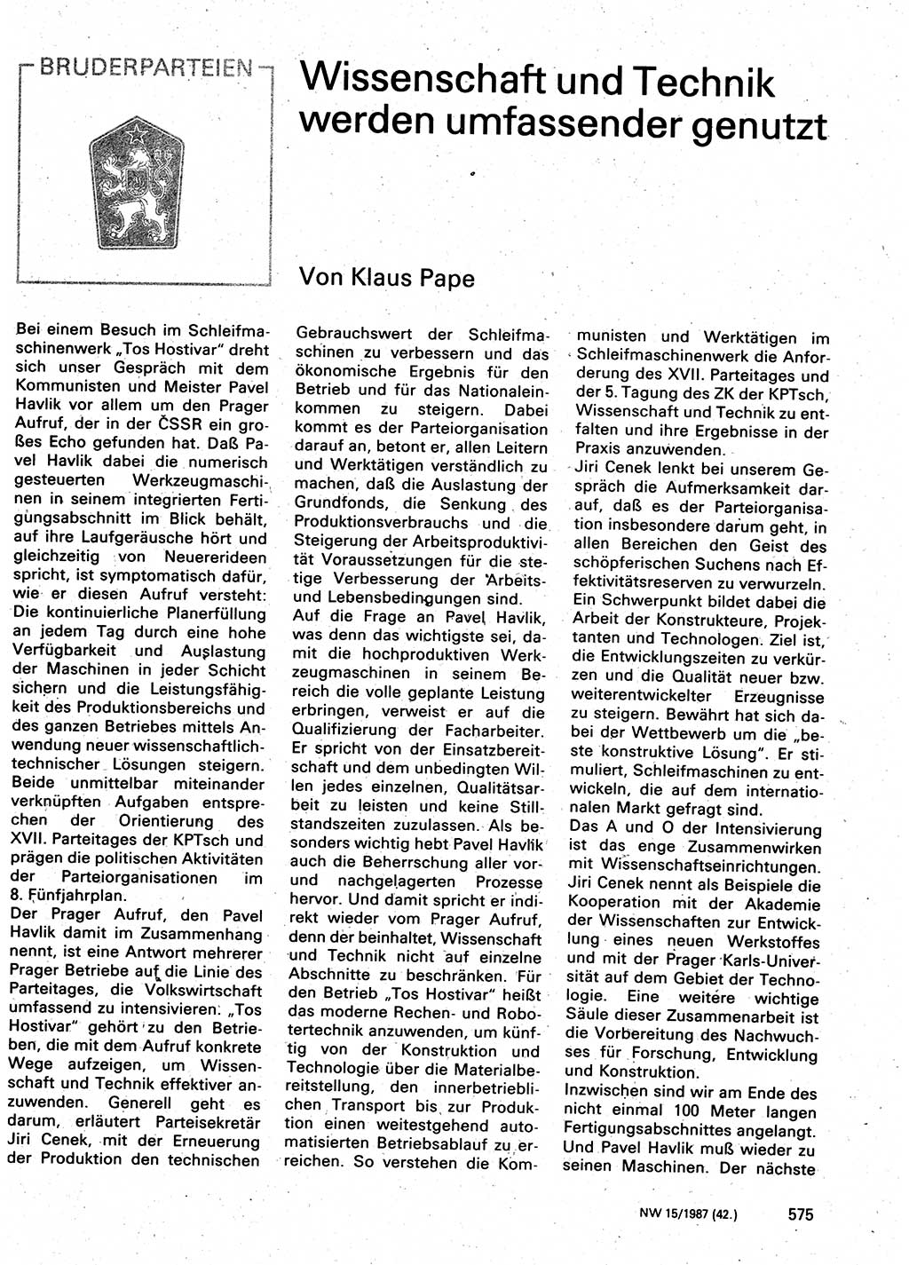 Neuer Weg (NW), Organ des Zentralkomitees (ZK) der SED (Sozialistische Einheitspartei Deutschlands) für Fragen des Parteilebens, 42. Jahrgang [Deutsche Demokratische Republik (DDR)] 1987, Seite 575 (NW ZK SED DDR 1987, S. 575)