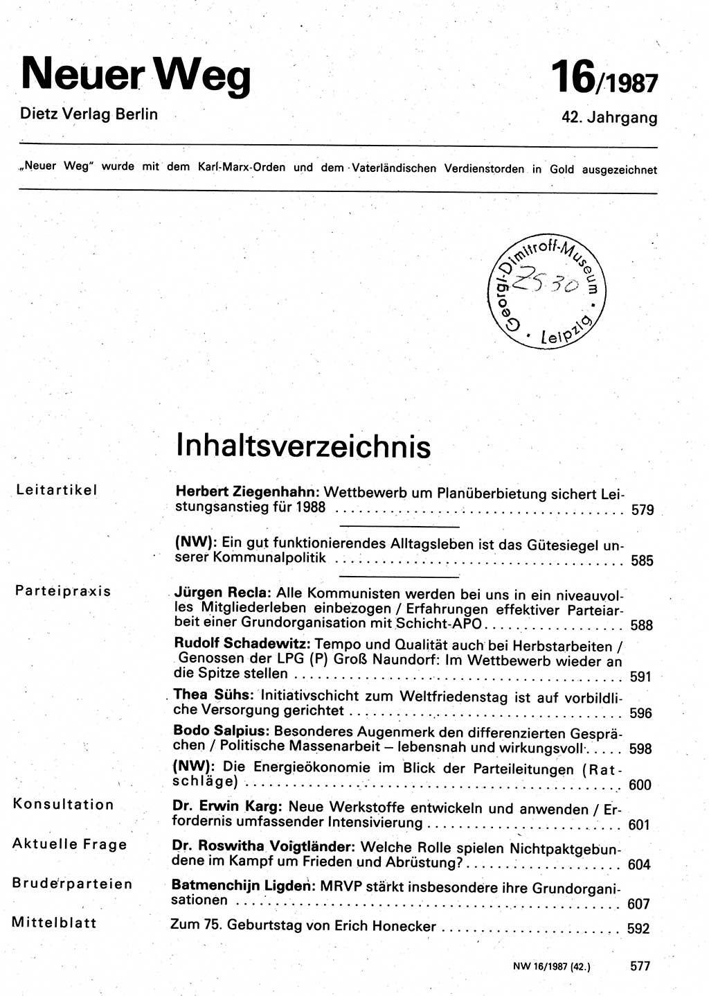 Neuer Weg (NW), Organ des Zentralkomitees (ZK) der SED (Sozialistische Einheitspartei Deutschlands) für Fragen des Parteilebens, 42. Jahrgang [Deutsche Demokratische Republik (DDR)] 1987, Seite 577 (NW ZK SED DDR 1987, S. 577)