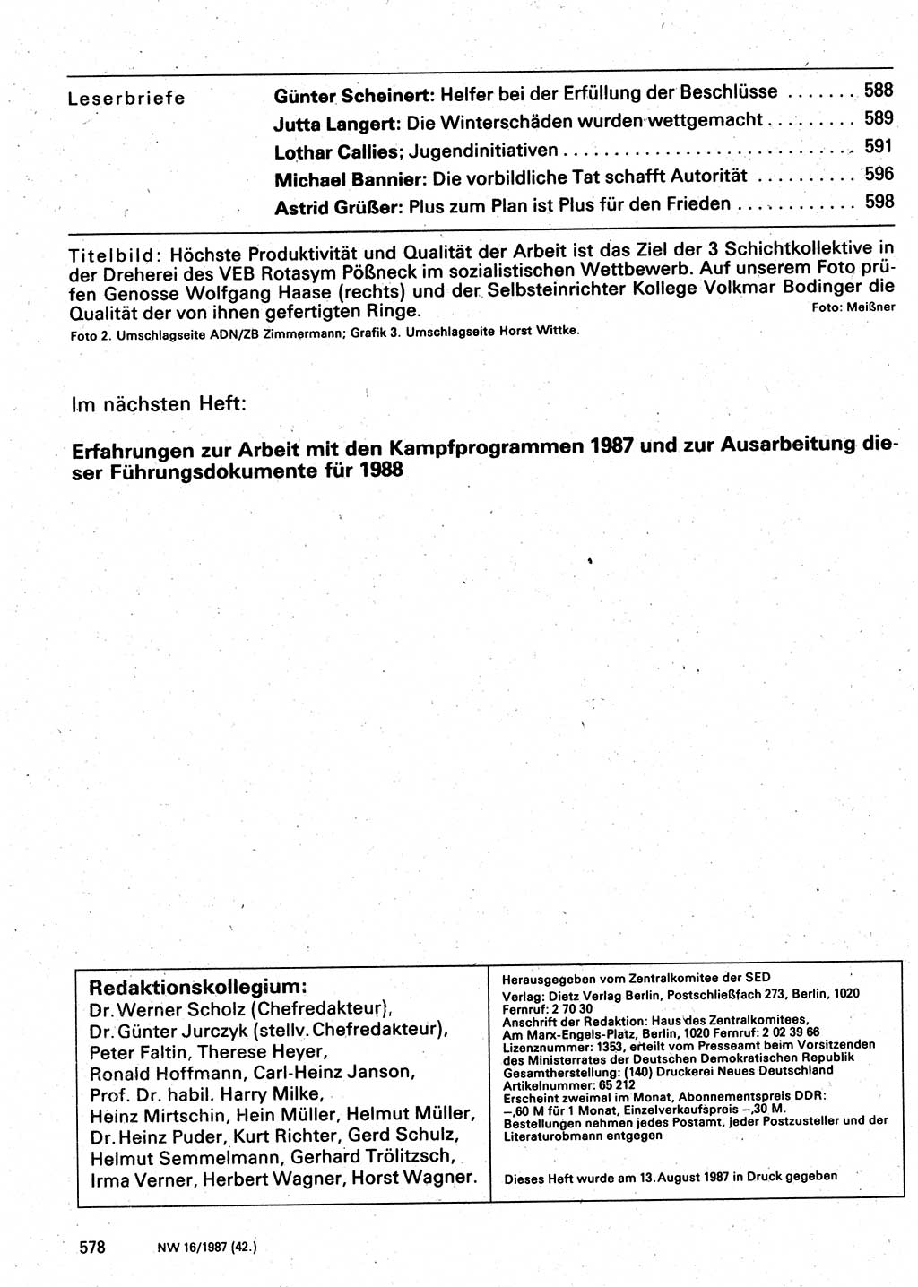 Neuer Weg (NW), Organ des Zentralkomitees (ZK) der SED (Sozialistische Einheitspartei Deutschlands) für Fragen des Parteilebens, 42. Jahrgang [Deutsche Demokratische Republik (DDR)] 1987, Seite 578 (NW ZK SED DDR 1987, S. 578)