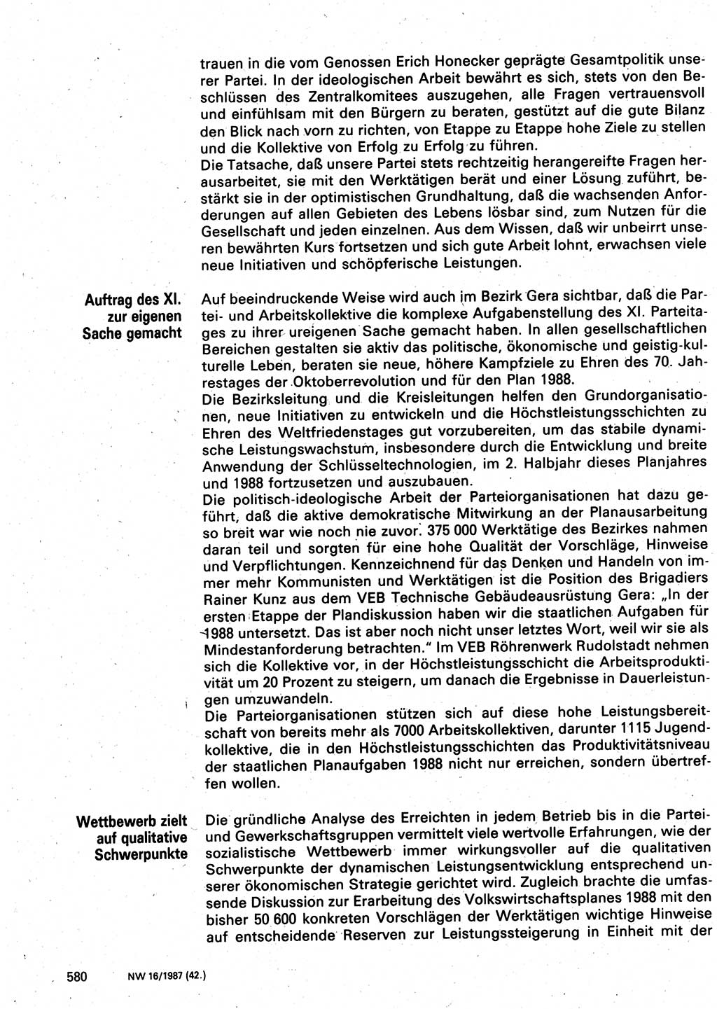 Neuer Weg (NW), Organ des Zentralkomitees (ZK) der SED (Sozialistische Einheitspartei Deutschlands) für Fragen des Parteilebens, 42. Jahrgang [Deutsche Demokratische Republik (DDR)] 1987, Seite 580 (NW ZK SED DDR 1987, S. 580)