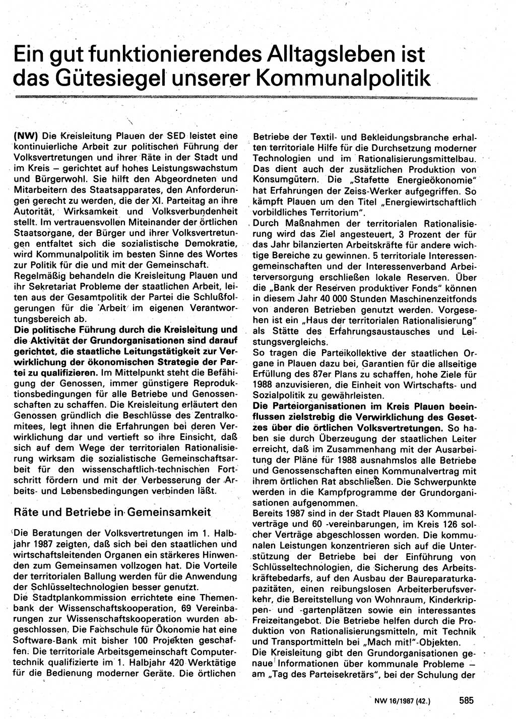 Neuer Weg (NW), Organ des Zentralkomitees (ZK) der SED (Sozialistische Einheitspartei Deutschlands) für Fragen des Parteilebens, 42. Jahrgang [Deutsche Demokratische Republik (DDR)] 1987, Seite 585 (NW ZK SED DDR 1987, S. 585)