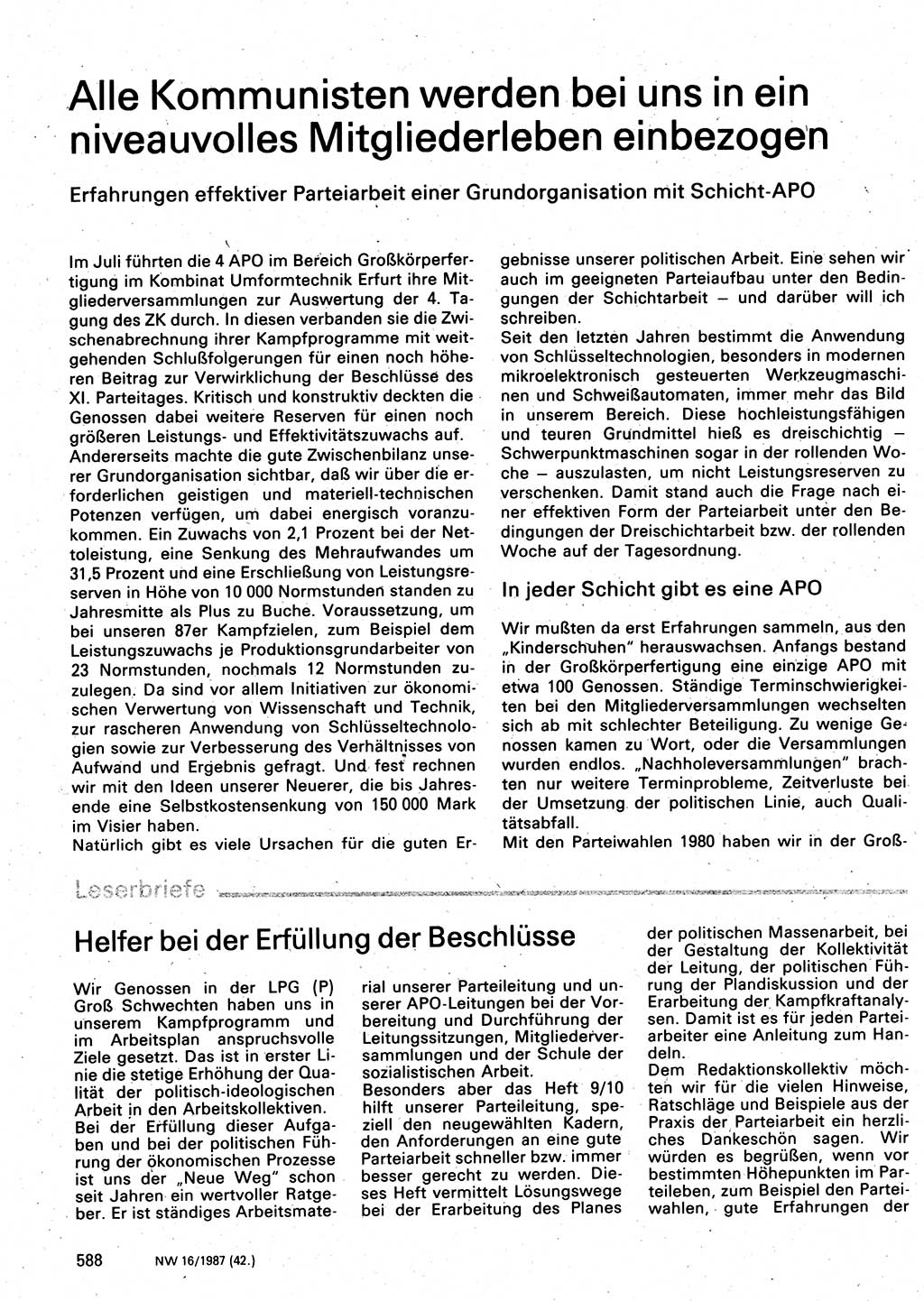Neuer Weg (NW), Organ des Zentralkomitees (ZK) der SED (Sozialistische Einheitspartei Deutschlands) für Fragen des Parteilebens, 42. Jahrgang [Deutsche Demokratische Republik (DDR)] 1987, Seite 588 (NW ZK SED DDR 1987, S. 588)