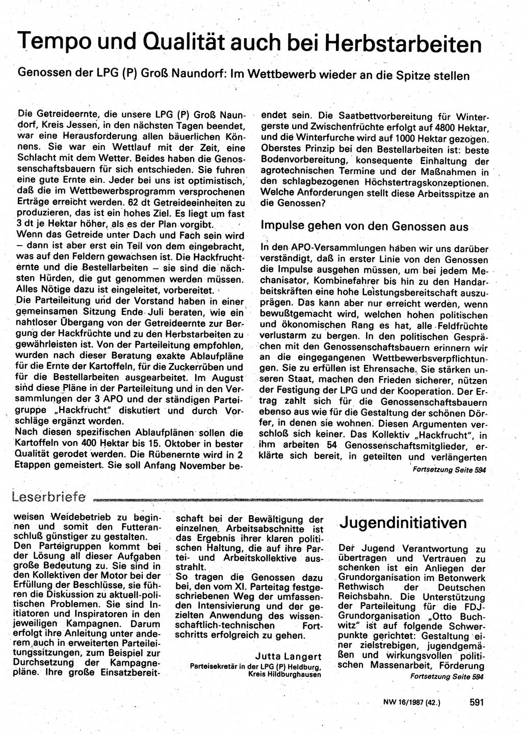 Neuer Weg (NW), Organ des Zentralkomitees (ZK) der SED (Sozialistische Einheitspartei Deutschlands) für Fragen des Parteilebens, 42. Jahrgang [Deutsche Demokratische Republik (DDR)] 1987, Seite 591 (NW ZK SED DDR 1987, S. 591)