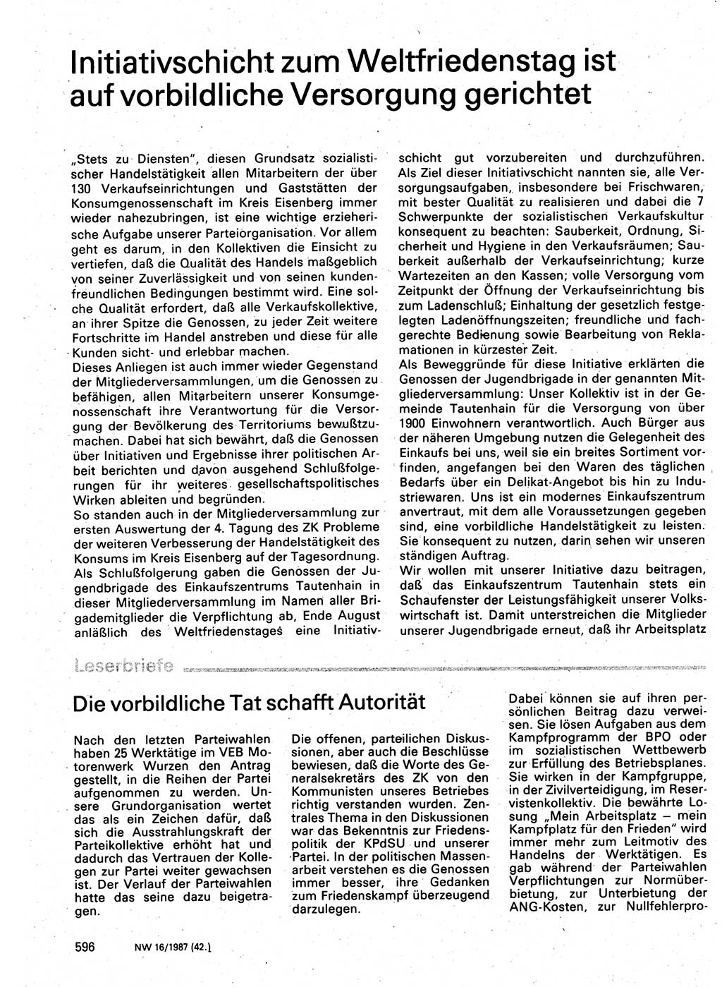 Neuer Weg (NW), Organ des Zentralkomitees (ZK) der SED (Sozialistische Einheitspartei Deutschlands) für Fragen des Parteilebens, 42. Jahrgang [Deutsche Demokratische Republik (DDR)] 1987, Seite 596 (NW ZK SED DDR 1987, S. 596)