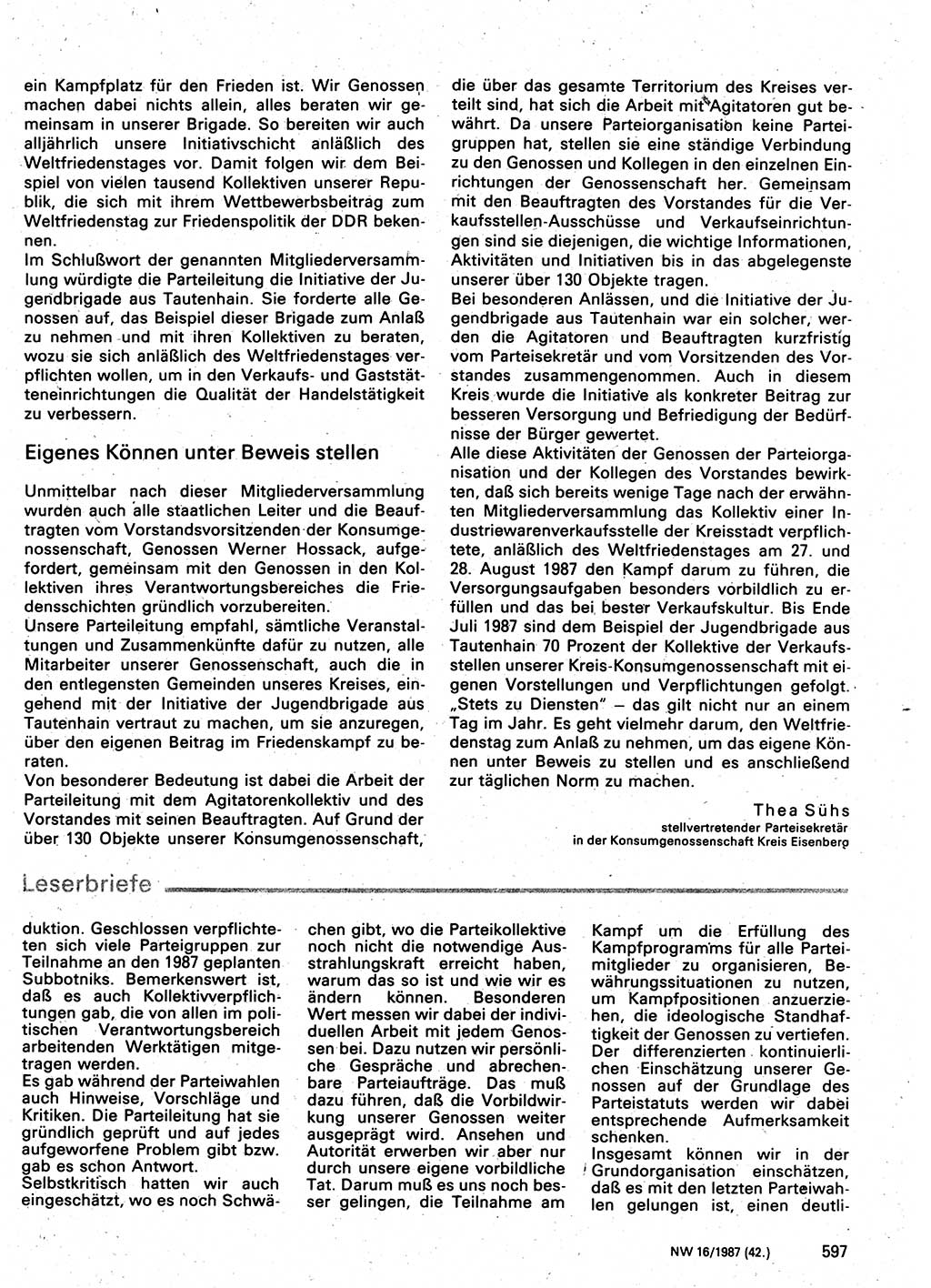 Neuer Weg (NW), Organ des Zentralkomitees (ZK) der SED (Sozialistische Einheitspartei Deutschlands) für Fragen des Parteilebens, 42. Jahrgang [Deutsche Demokratische Republik (DDR)] 1987, Seite 597 (NW ZK SED DDR 1987, S. 597)