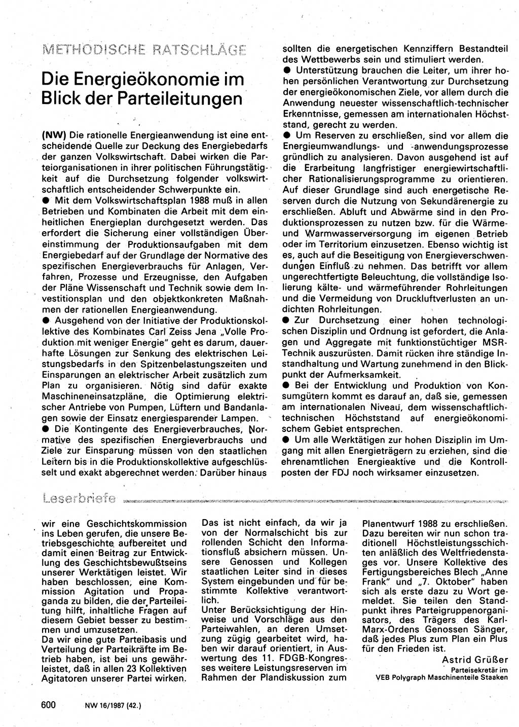 Neuer Weg (NW), Organ des Zentralkomitees (ZK) der SED (Sozialistische Einheitspartei Deutschlands) für Fragen des Parteilebens, 42. Jahrgang [Deutsche Demokratische Republik (DDR)] 1987, Seite 600 (NW ZK SED DDR 1987, S. 600)
