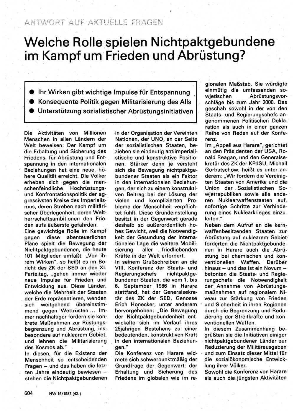 Neuer Weg (NW), Organ des Zentralkomitees (ZK) der SED (Sozialistische Einheitspartei Deutschlands) für Fragen des Parteilebens, 42. Jahrgang [Deutsche Demokratische Republik (DDR)] 1987, Seite 604 (NW ZK SED DDR 1987, S. 604)