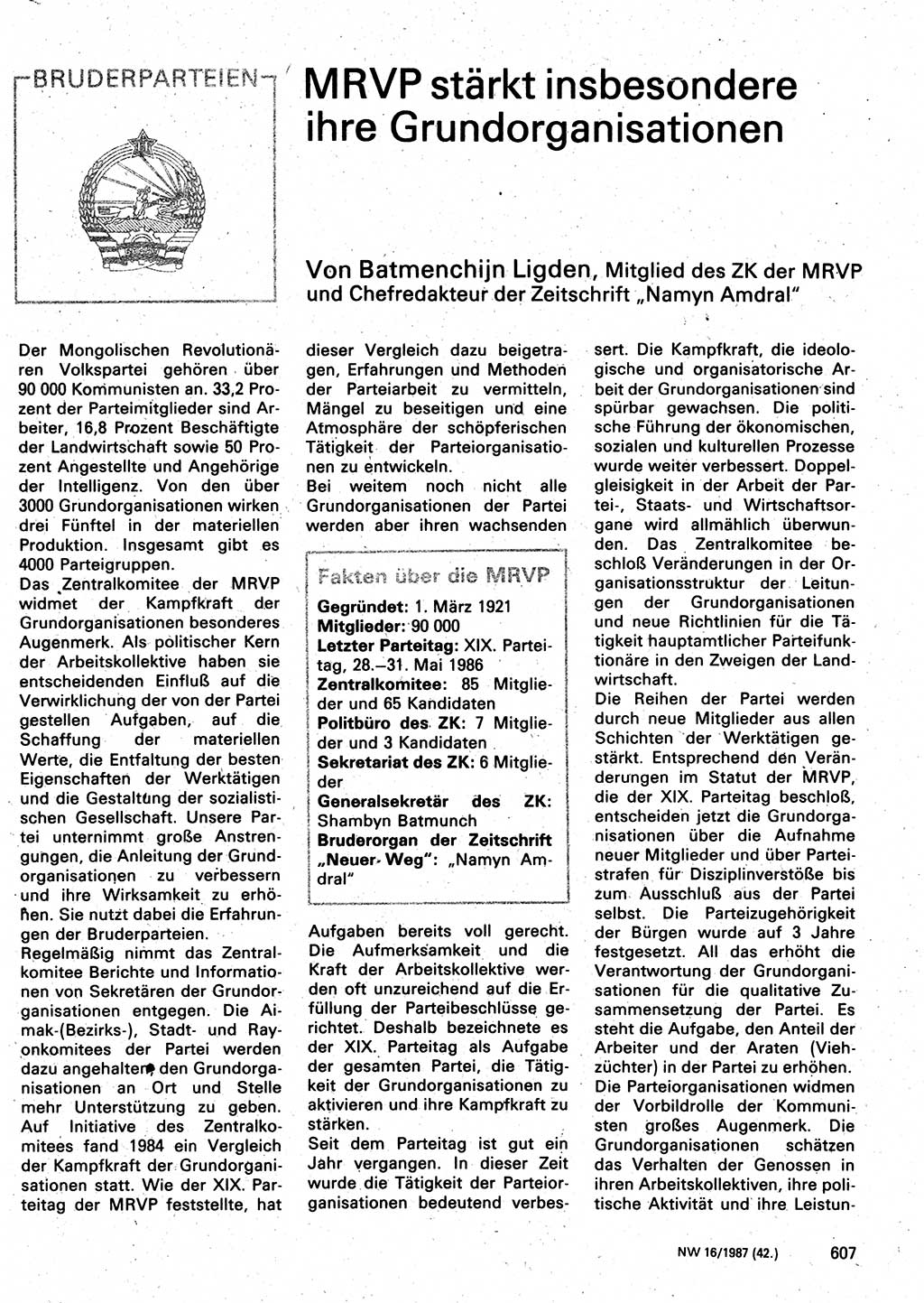 Neuer Weg (NW), Organ des Zentralkomitees (ZK) der SED (Sozialistische Einheitspartei Deutschlands) für Fragen des Parteilebens, 42. Jahrgang [Deutsche Demokratische Republik (DDR)] 1987, Seite 607 (NW ZK SED DDR 1987, S. 607)