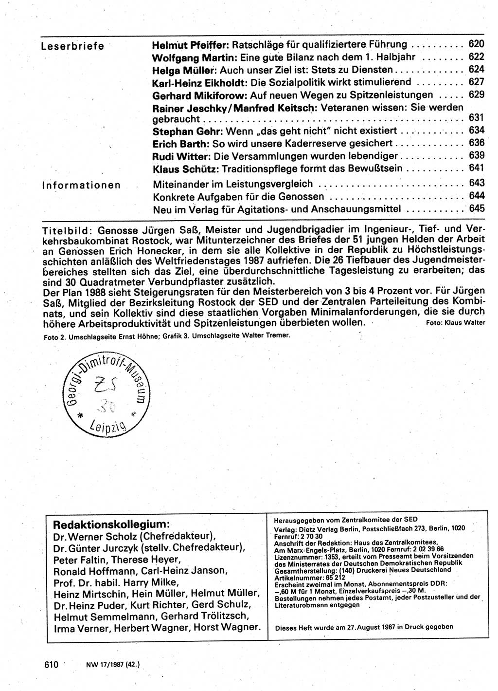 Neuer Weg (NW), Organ des Zentralkomitees (ZK) der SED (Sozialistische Einheitspartei Deutschlands) für Fragen des Parteilebens, 42. Jahrgang [Deutsche Demokratische Republik (DDR)] 1987, Seite 610 (NW ZK SED DDR 1987, S. 610)