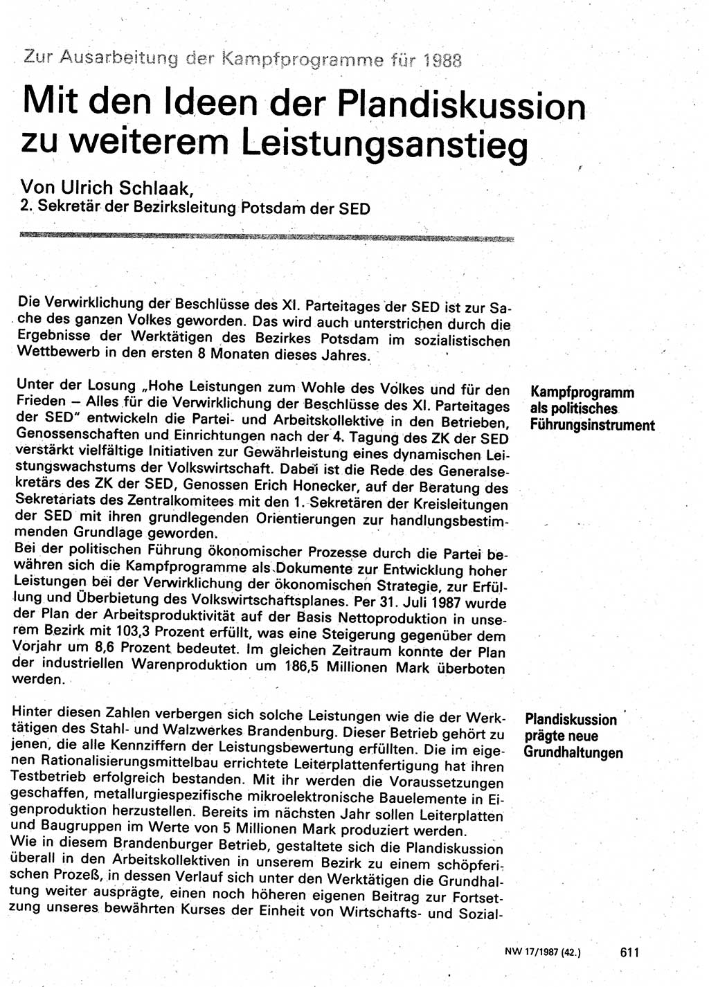 Neuer Weg (NW), Organ des Zentralkomitees (ZK) der SED (Sozialistische Einheitspartei Deutschlands) für Fragen des Parteilebens, 42. Jahrgang [Deutsche Demokratische Republik (DDR)] 1987, Seite 611 (NW ZK SED DDR 1987, S. 611)