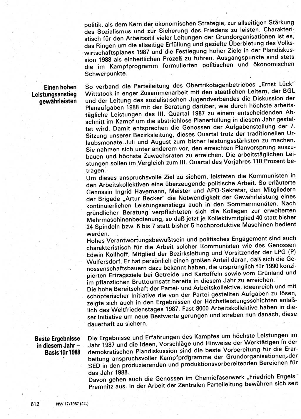 Neuer Weg (NW), Organ des Zentralkomitees (ZK) der SED (Sozialistische Einheitspartei Deutschlands) für Fragen des Parteilebens, 42. Jahrgang [Deutsche Demokratische Republik (DDR)] 1987, Seite 612 (NW ZK SED DDR 1987, S. 612)