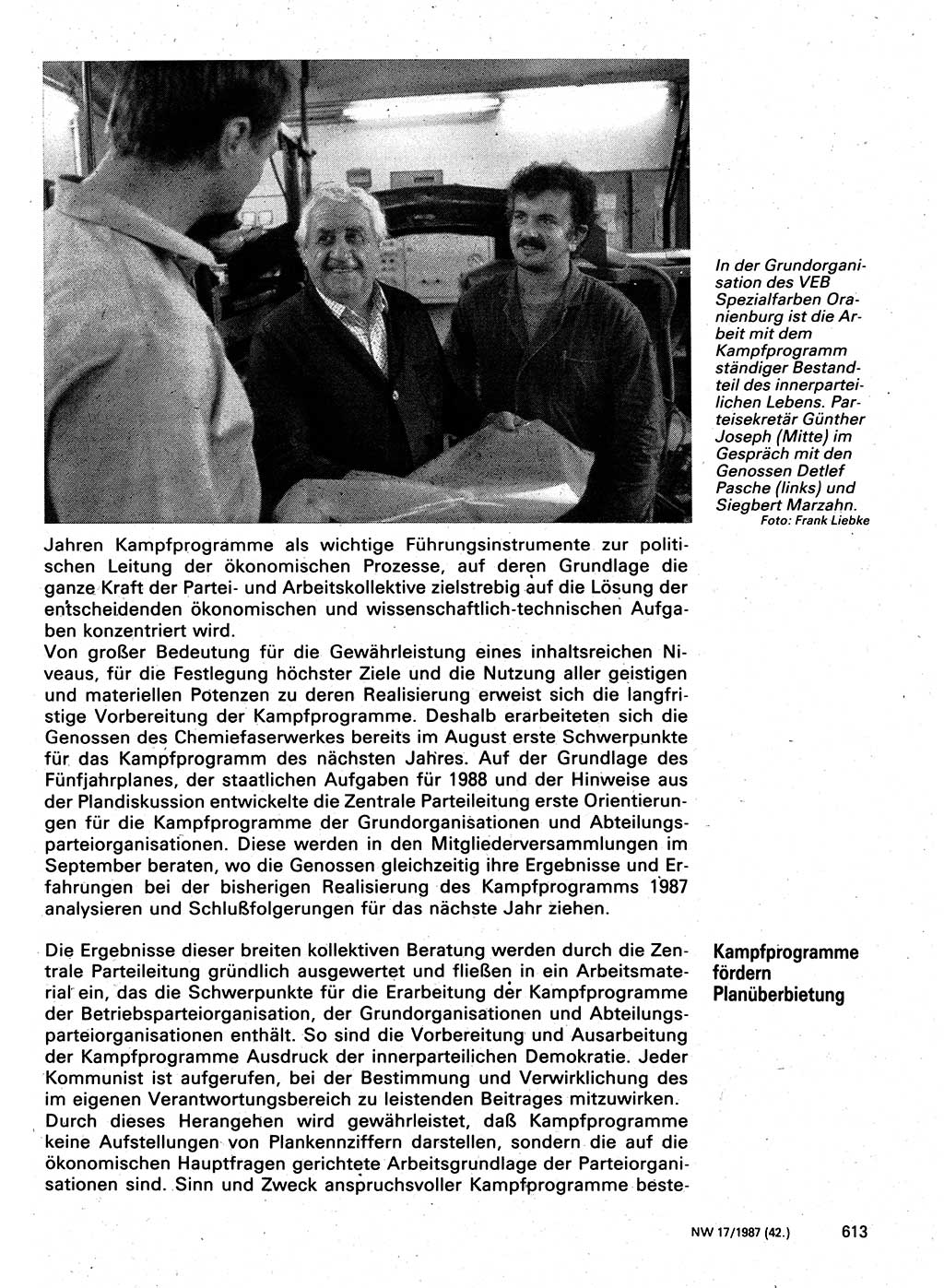 Neuer Weg (NW), Organ des Zentralkomitees (ZK) der SED (Sozialistische Einheitspartei Deutschlands) für Fragen des Parteilebens, 42. Jahrgang [Deutsche Demokratische Republik (DDR)] 1987, Seite 613 (NW ZK SED DDR 1987, S. 613)