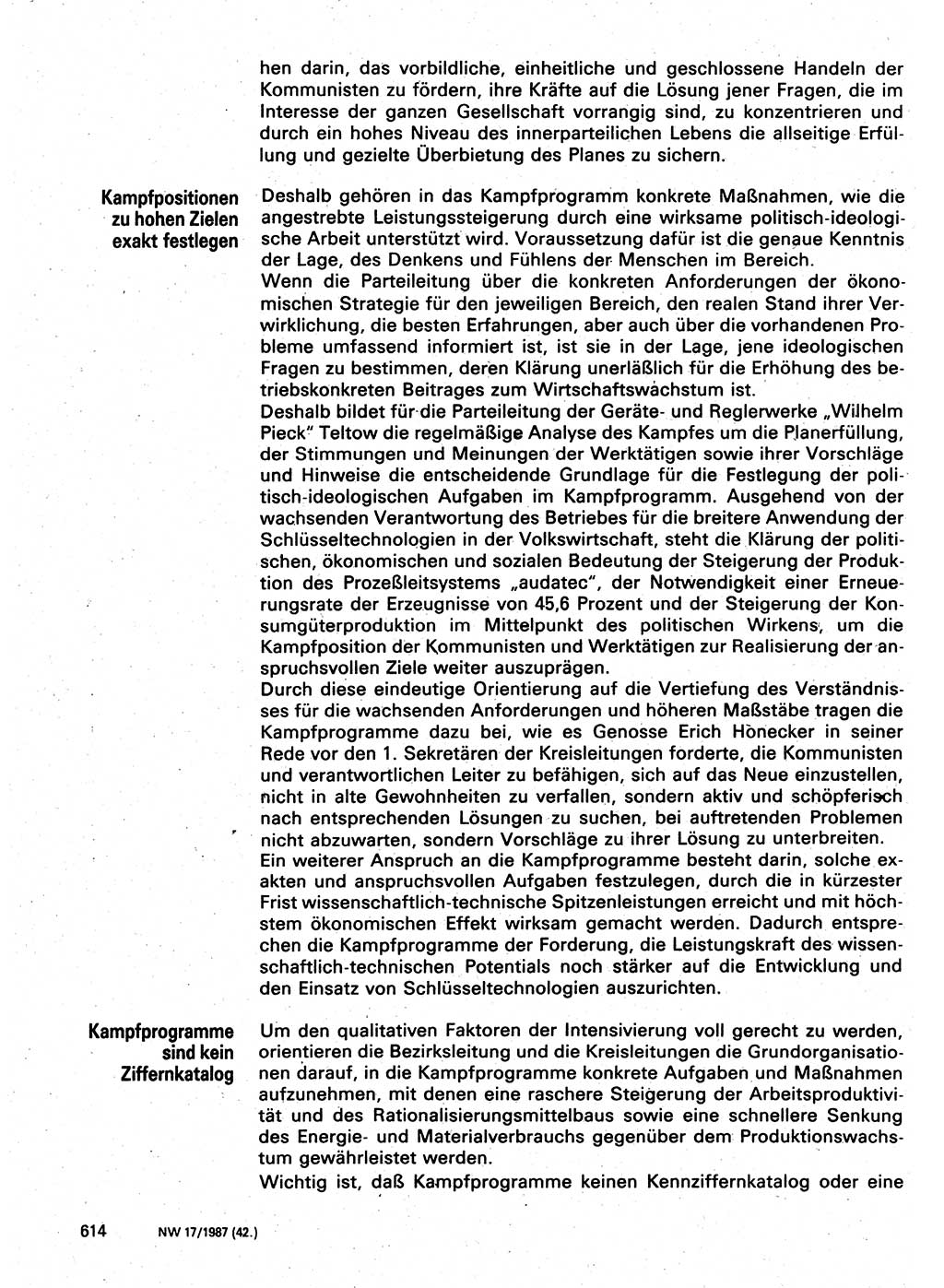 Neuer Weg (NW), Organ des Zentralkomitees (ZK) der SED (Sozialistische Einheitspartei Deutschlands) für Fragen des Parteilebens, 42. Jahrgang [Deutsche Demokratische Republik (DDR)] 1987, Seite 614 (NW ZK SED DDR 1987, S. 614)